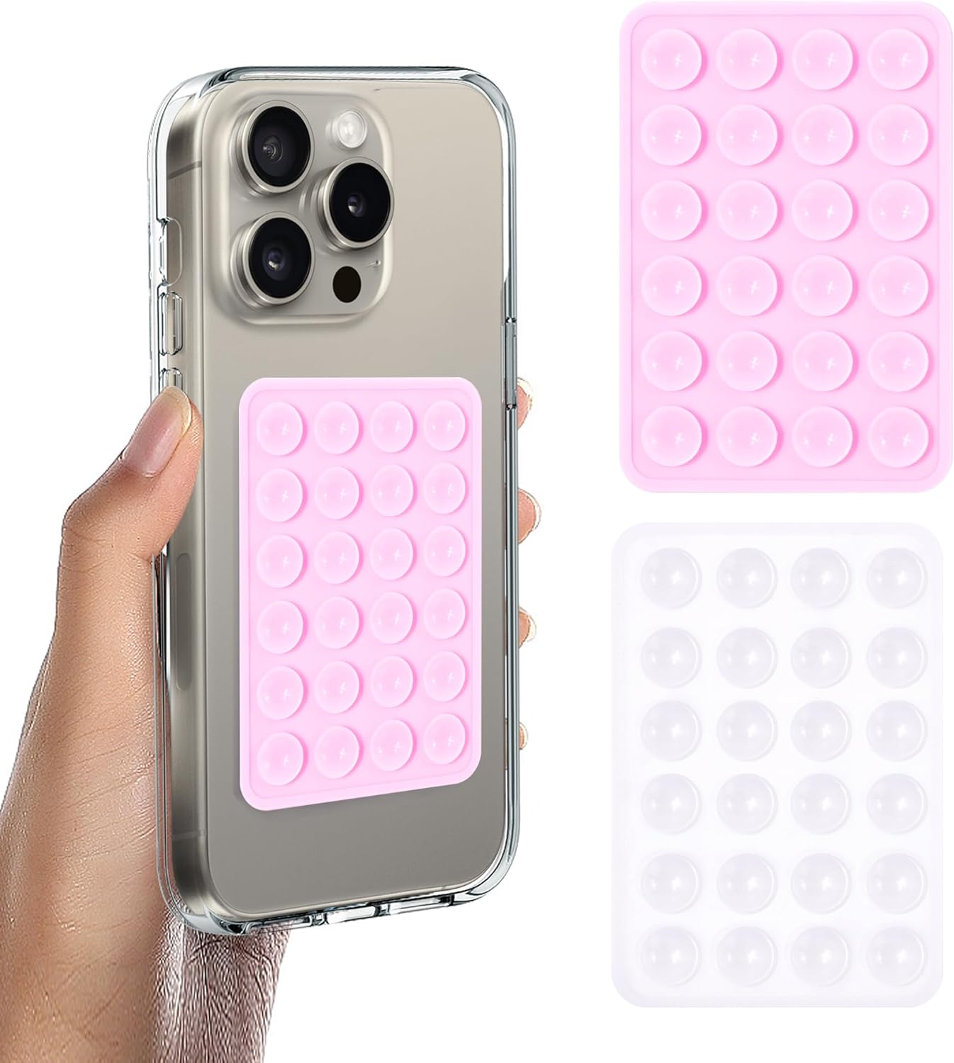 2Pcs Silicone Suction Phone Case Adhesive Mount, Anti-Slip Hands-Free Phone Holder, Sticky Phone Grip Compatible with iPhone and Android Cases for Tiktok Videos and Selfies, Light Pink & Transparent