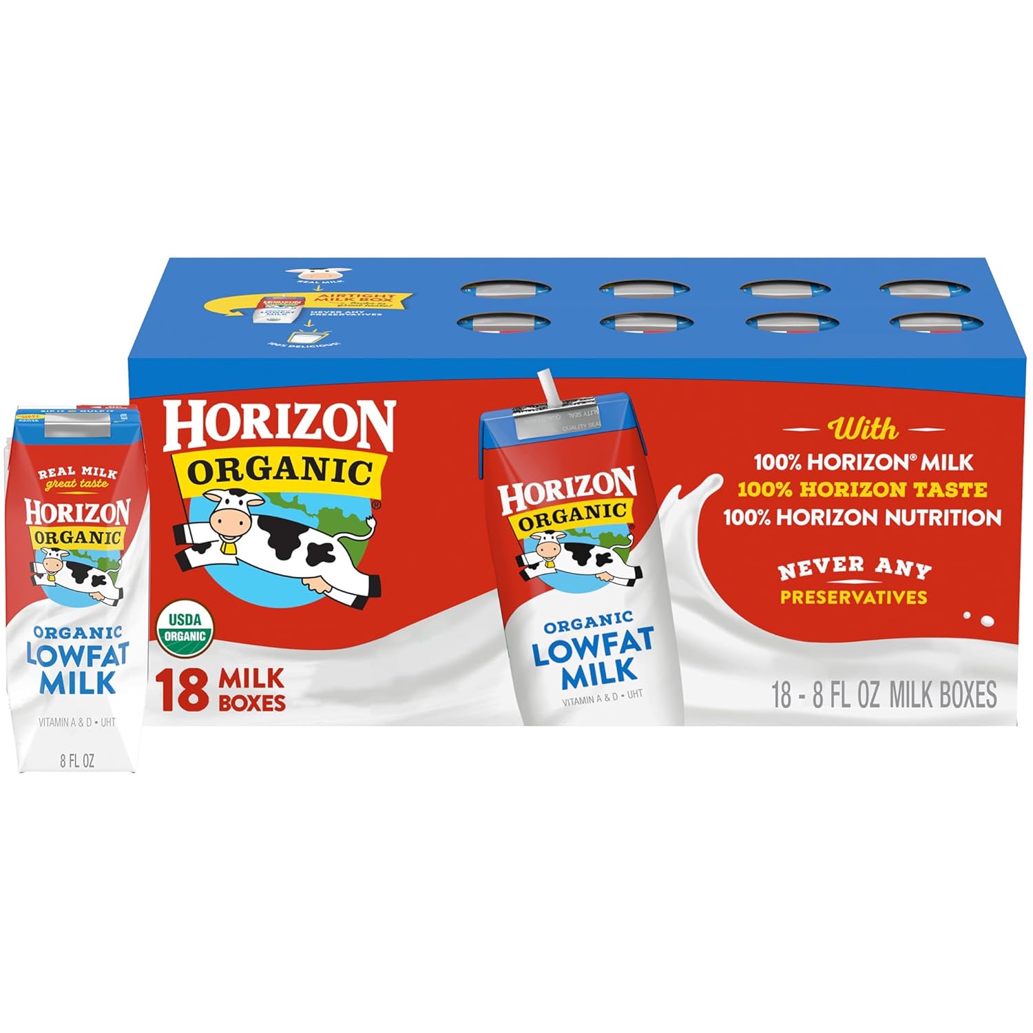 Horizon Organic Shelf Stable 1% Lowfat Milk Boxes, USDA Certified Organic UHT Milk from Pasture-Raised Cows, No Refrigeration Required, 8 fl oz, 18 Count