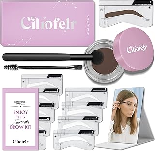Cilrofelr Eyebrow Stamp Stencil Kit, Eyebrow Stamp and Shaping Kit, Brow Trio Eyebrow Pomade Kit, One Step Brow Stamp Kit with 10 Brow Stencils, Waterproof, Long-Lasting Eyebrow Makeup, Medium Brown