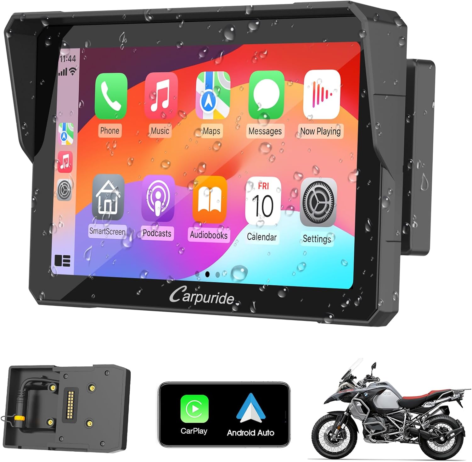 Carpuride W702B Motorcycle GPS Carplay Screen with Custom Mount for BMW Motorbike, Wireless CarPlay and Android Auto, Portable 7 inch Waterproof Touchscreen, Bluetooth Trans, Navigation, Siri.