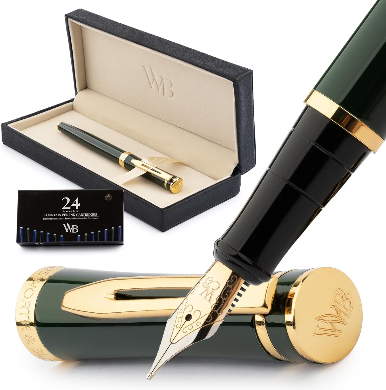 Wordsworth & Black Fountain Pen Set, Medium Nib, Includes 24 Ink Cartridges and Ink Refill Converter, Gift Case, Journaling, Calligraphy, Smooth Writing Pens [Racing Green], Perfect for Men and Women