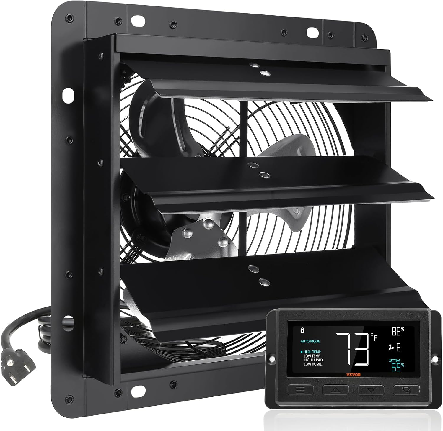 VEVOR Shutter Exhaust Fan, 10'' Wall Mount Attic Fan with Temperature Humidity Controller, 820 CFM, 10-Speed Adjustable, Ventilation and Cooling for Greenhouses, Garages, Chicken Coops, ETL Listed