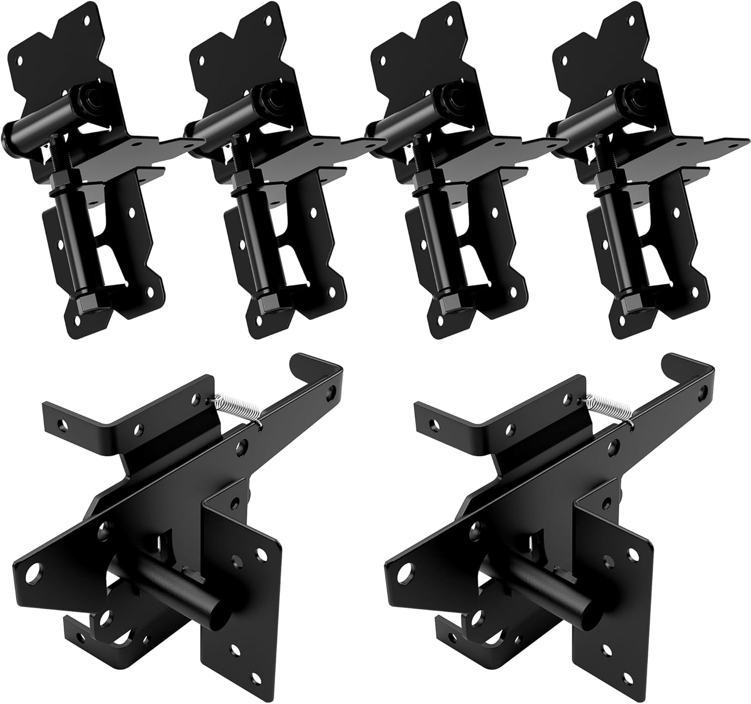WINSOON Stainless Steel Self Closing Gate Hinge and Latch Hardware Kit, Heavy Duty Adjustable Tension Gate Hinges 4-Pack & 2-Automatic Latch, Gate Hardware Kit for Wood/Vinyl Fence Gate