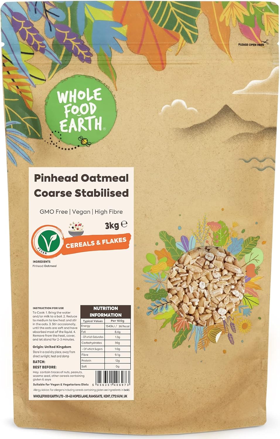 Wholefood Earth Pinhead Oatmeal Coarse Stabilised 3 kg | GMO Free | High Fibre