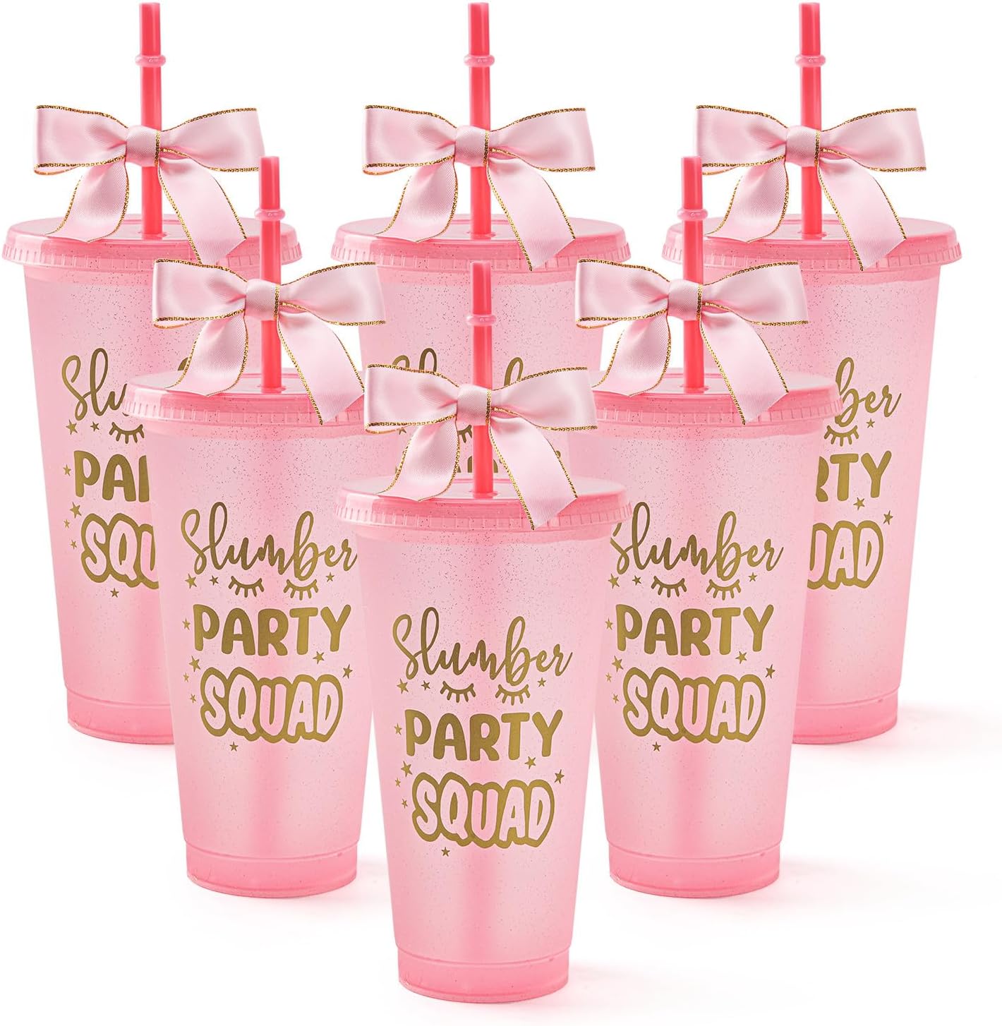 6 Set Slumber Party Plastic Cups with Lid Straw and Twist Bow 24 oz Sleepover Tumblers Reusable Cups for Birthday Slumber Spa Party Supplies