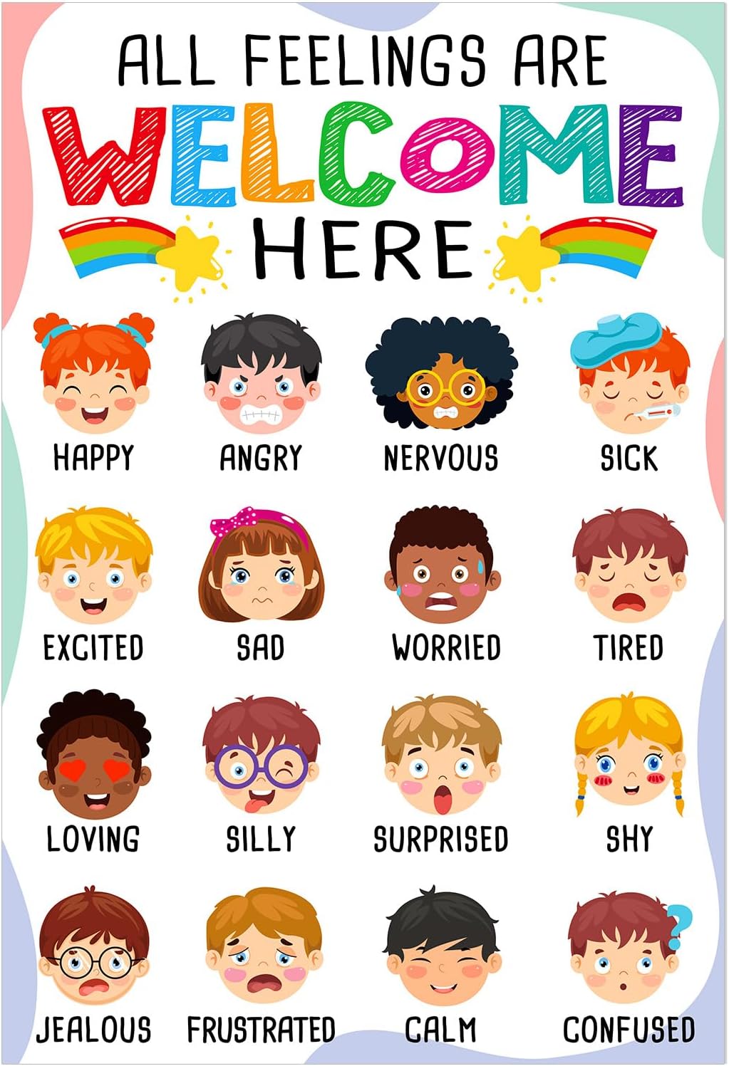 FLYAB Feelings Chart for Kids - Classroom Decorations Elementary Emotions Learning Mental Health Poster for Toddlers Educational Calming Corner Teacher Must Haves for Back to School Supplies