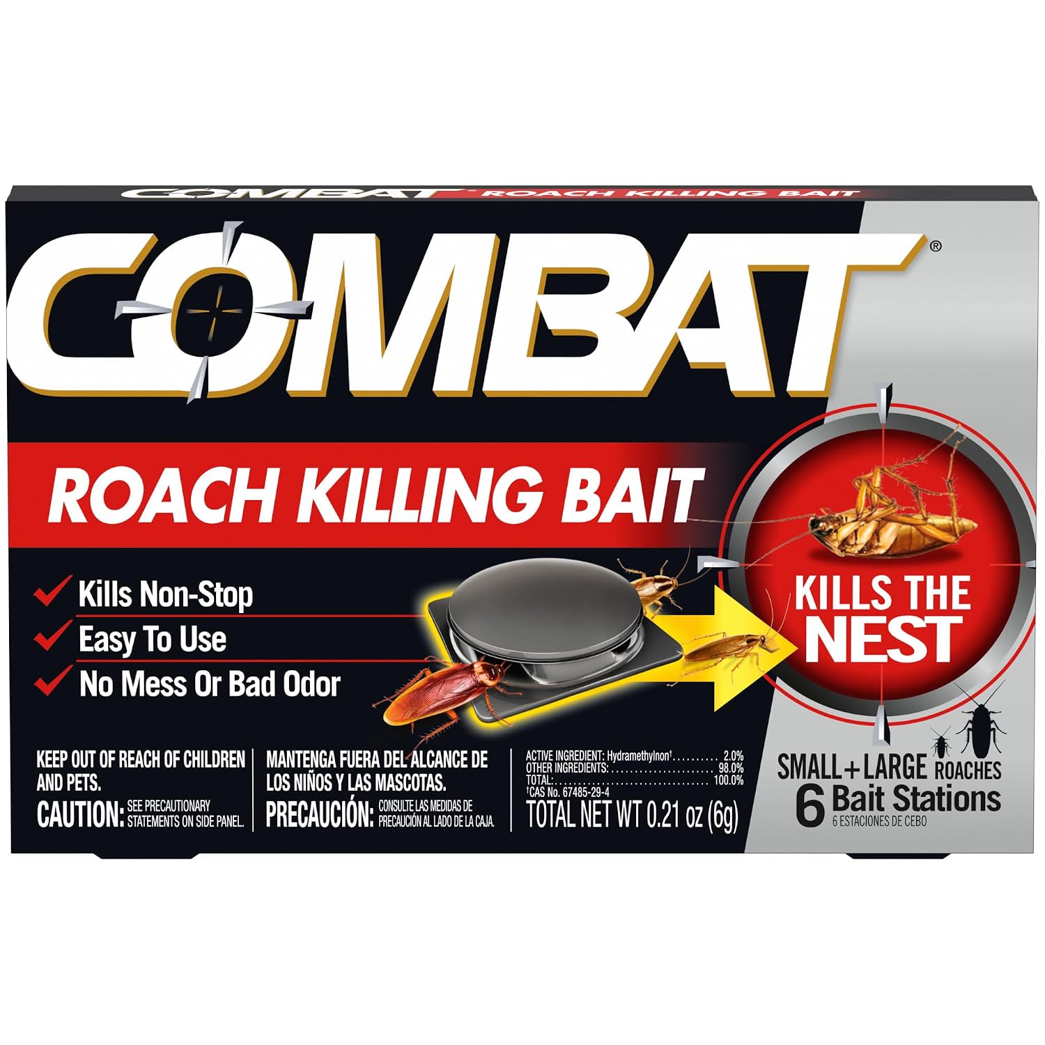Combat Roach Killing Bait Stations for Small and Large Roaches, 6 Count (Pack of 1) Child-Resistant, Hydramethylnon Cockroach Killer & Nest Destroyer, No Vapor, Fumes or Odor, Mess-Free