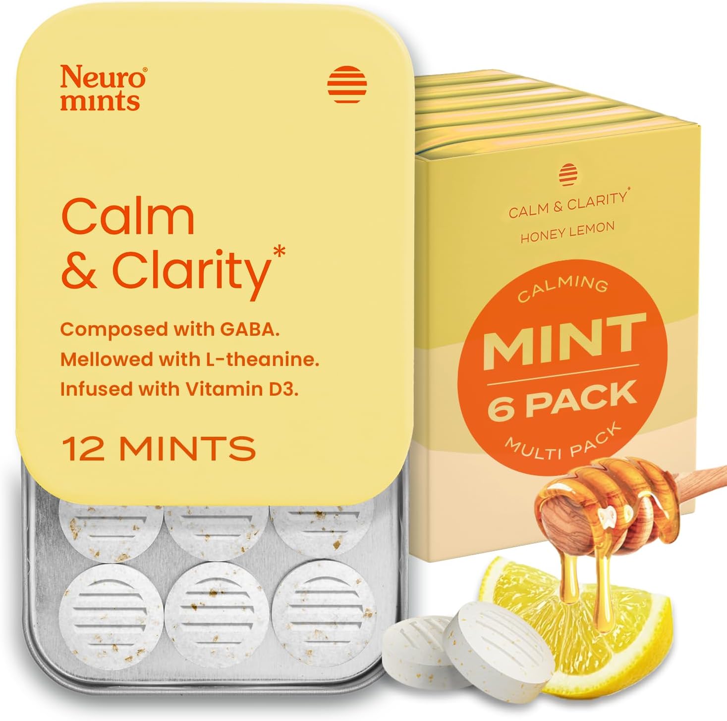 NeuroGum Calm & Clarity Mints (Honey Lemon, 72 Pieces) | GABA + L-Theanine + Vitamin D3 | Sugar Free Mood & Stress Relief Supplement