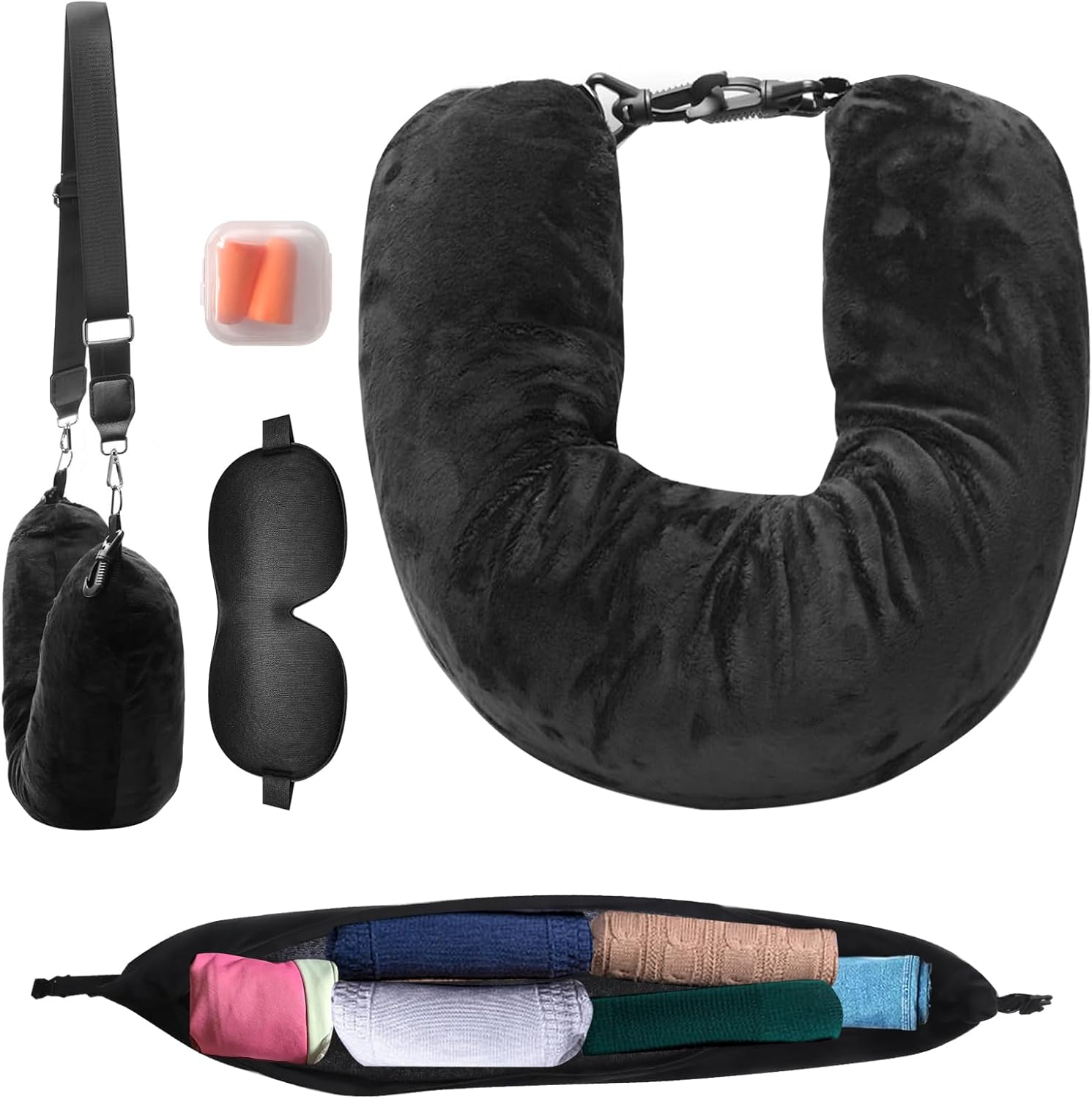 VINEST Stuffable Neck Pillow for Travel, Washable Travel Pillow for Airplane, Ultra-soft Travel Neck Pillow Cover, Travel Pillows with Ear Plug and Eye Mask for Train and Car, without Filling