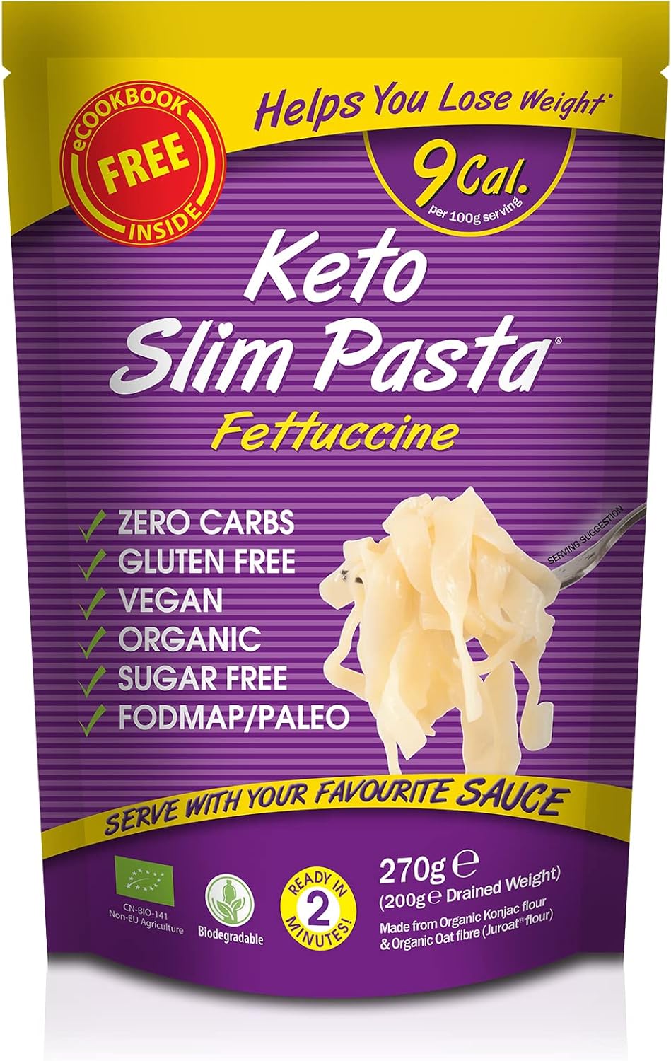 Keto Slim Fettuccine Pasta (Pack of 5 x 270g) Organic Konjac Flour & Oats Shirataki Pasta, Zero Carb, Low Calorie, Gluten, Fat & Sugar Free, Vegan High Fibre Ready to Eat, Paleo Diet Friendly