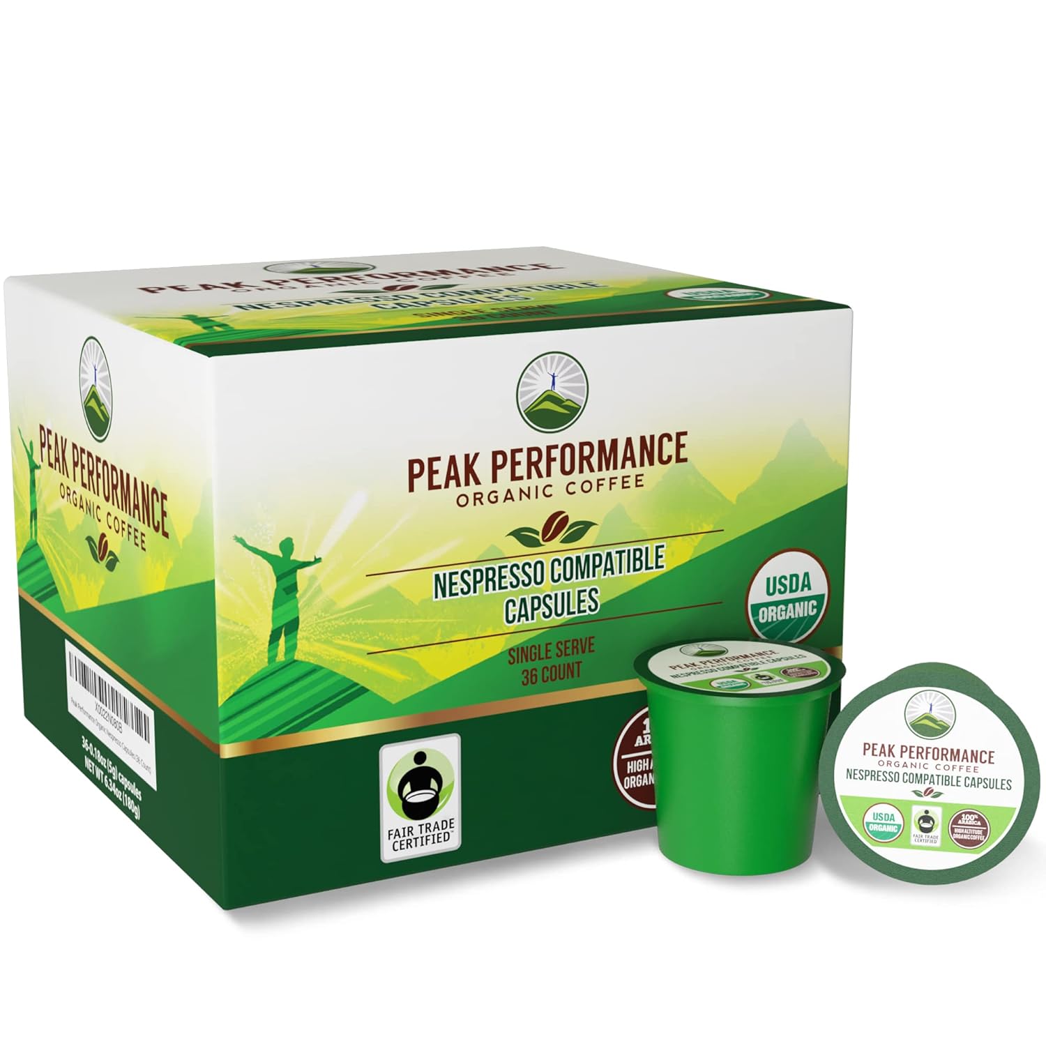 Peak Performance Organic Capsules for Nespresso Machines - Fair Trade, Low Acid, Organic Espresso Coffee Pods (36 Count) Compatible With All Nespresso Capsule Brewers. Medium Roast Single Serve Pod