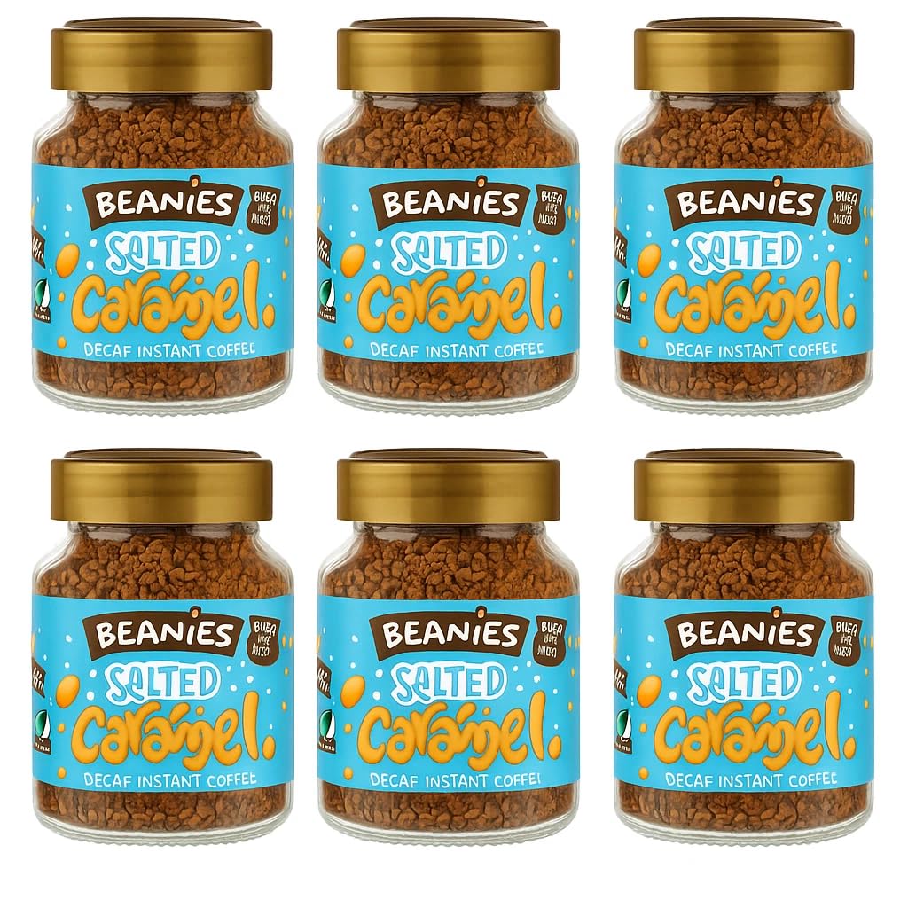 Beanies Decaf Salted Caramel Flavoured Instant Coffee 50g Jars (Pack of 6) Rich & Sweet Decaffeinated Coffee