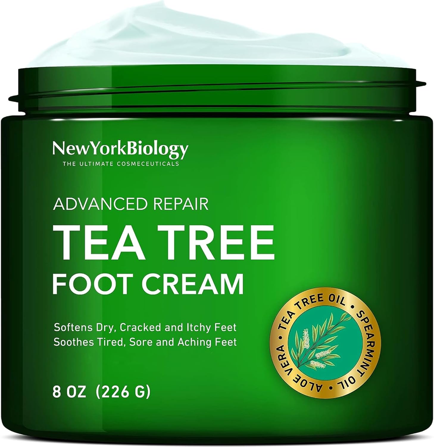New York Biology Tea Tree Oil Foot Cream for Dry Cracked Feet, Athletes Foot, Nail Fungus, Jock Itch, Ringworm, Cracked Heels and Itchy Skin – Pain Relieving Foot Cream - 226 g