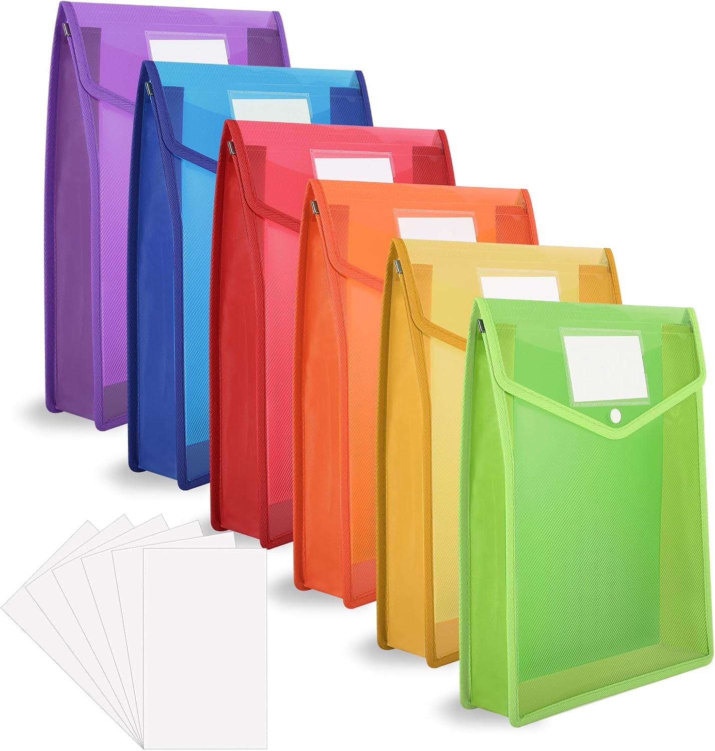 HuaJiao A4 Plastic Wallets, 6 Pcs Plastic Folders Popper Wallet Document Pockets Envelope File Folder withButton Closure Card Slot for School Office Home, Blue,Green,Orange,Purple,Red