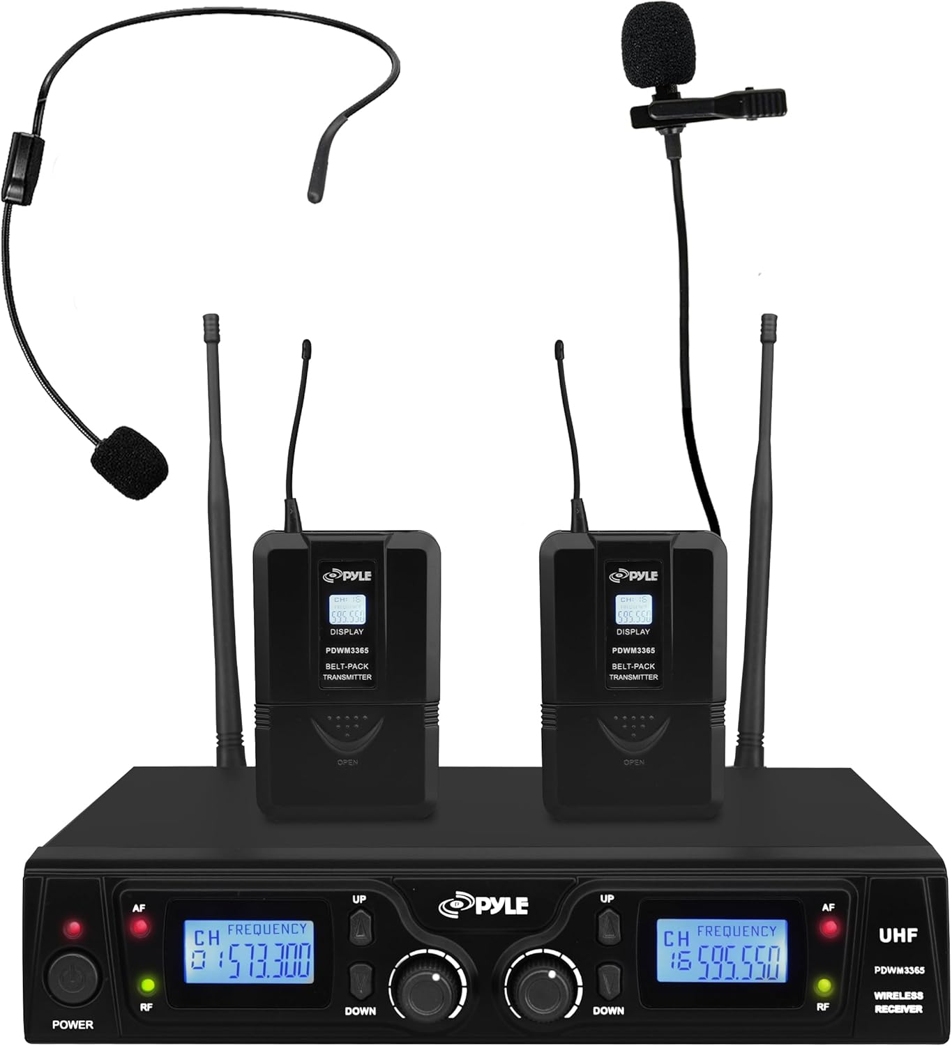 Pyle UHF Wireless Microphone & Rack Mountable Receiver System 2 Belt Packs, 2 Lavelier/Lapel MIC Travel Case 16 Channel Frequency Independent Channel Volume Control LCD Digital Display