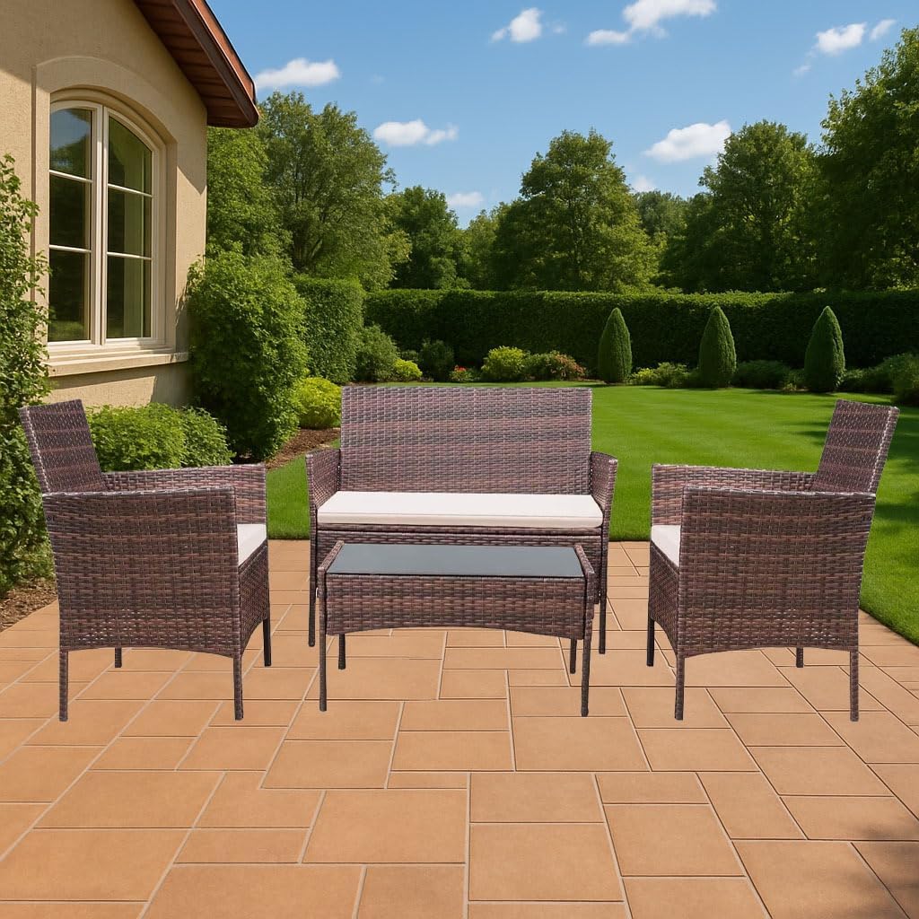 XEO HOME Rattan Garden Furniture Set 4 Pc Table and Chairs 4 Piece Indoor Outdoor Balcony Patio and Conservatory Furniture Sofa Backyard Pool Side Coffee Seater (Brown)