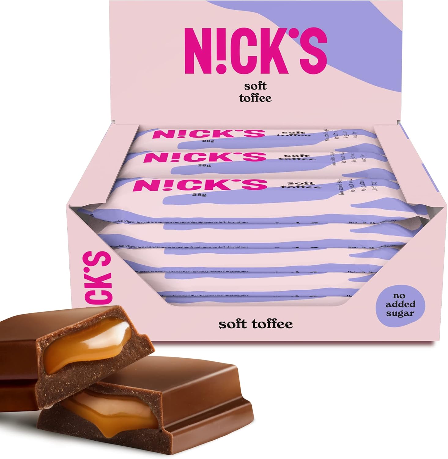 NICKS Soft Toffee Keto Chocolate Bars No Added Sugar 110 Calories, 3.5 Net Carbs, Gluten Free Caramel Sweets Low carb Candy Snack Bar (Multipack 15x28g)