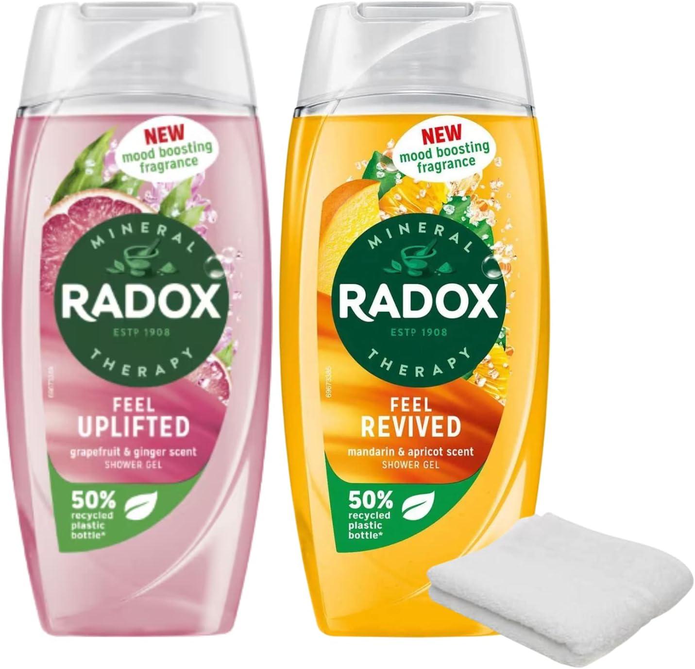 Radox Shower Gel Bundle - Mandarin & Apricot, Grapefruit & Ginger - Zesty and Energizing Scents for a Refreshing Shower Experience with Wash Cloth
