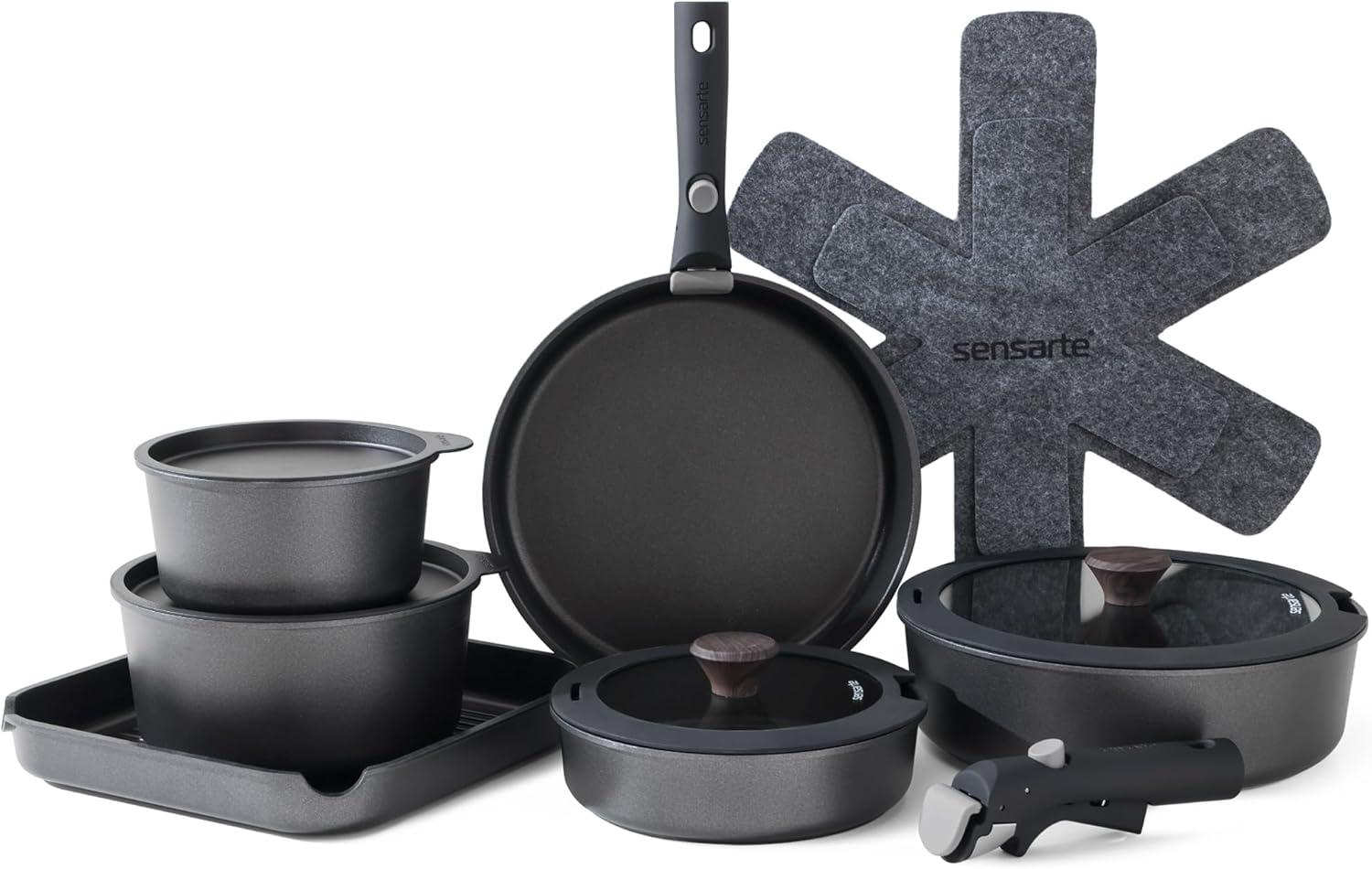 SENSARTE 17 Piece Pots and Pans Set, Nonstick Detachable Handle Cookware, Induction Kitchen Cookware Set with Removable Handle, Healthy Non Stick RV Cookware, Oven Safe (Black)