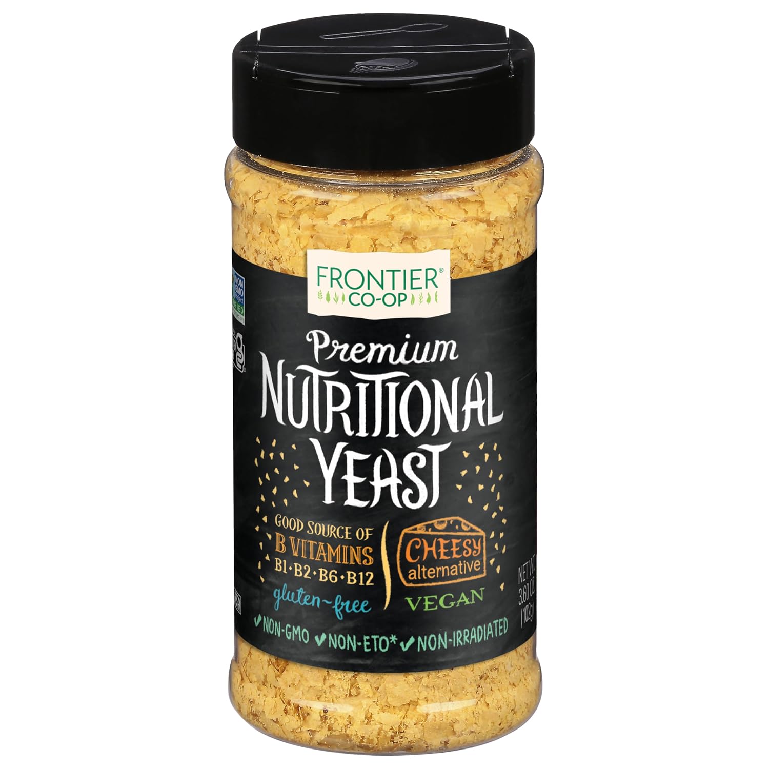 Frontier Co-op Premium Nutritional Yeast Flakes, 3.6 oz. - Vegan, Gluten-Free, Kosher, Non-Irradiated Seasoning, Dairy-Free Cheese Flavor, Rich in B Vitamins