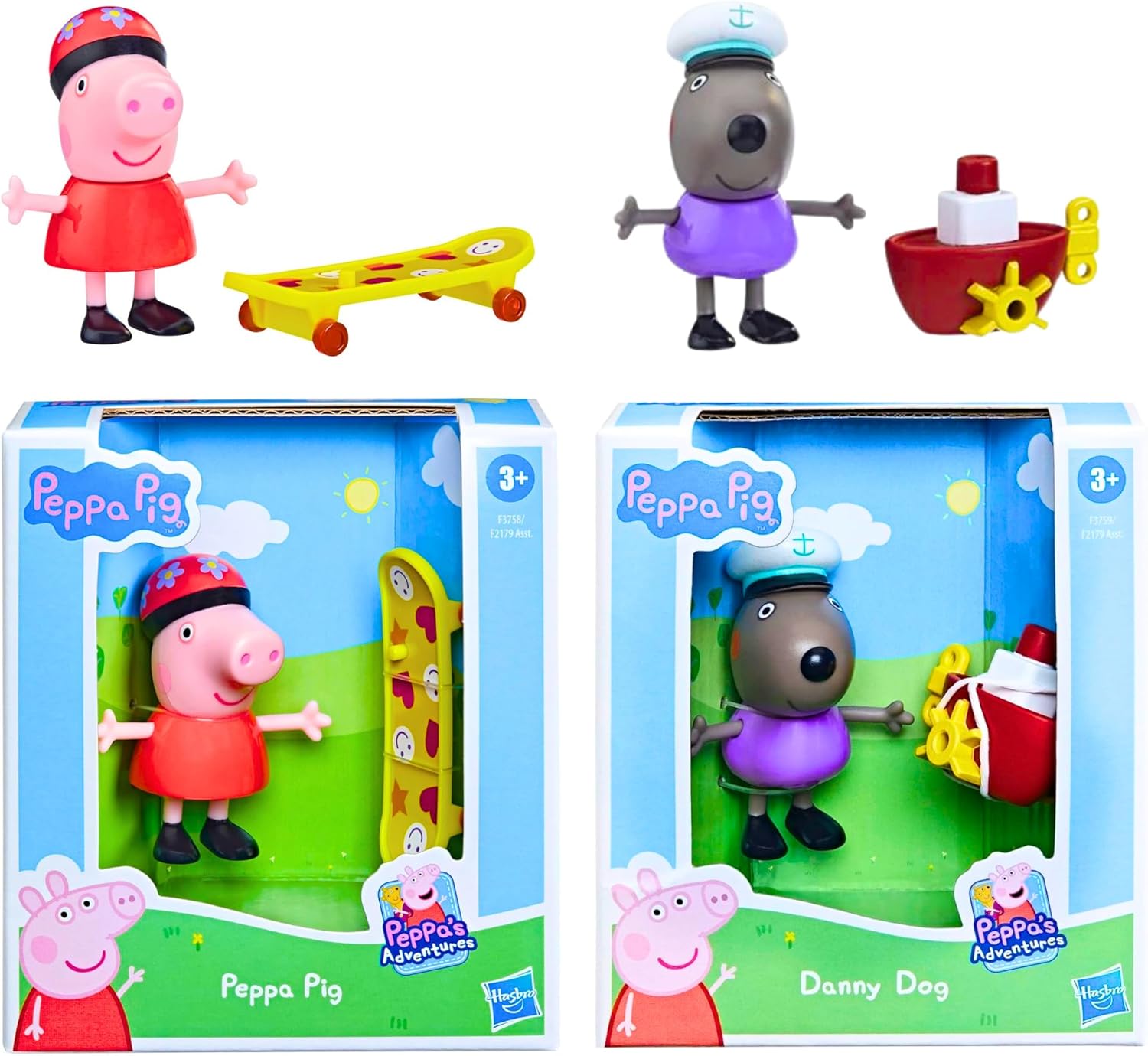 Toptoys2u Bargain Bundles Peppa Pig - 3" 8cm Poseable Articulated Figure & Accessory Sets - Peppa Pig Skateboard & Danny Dog