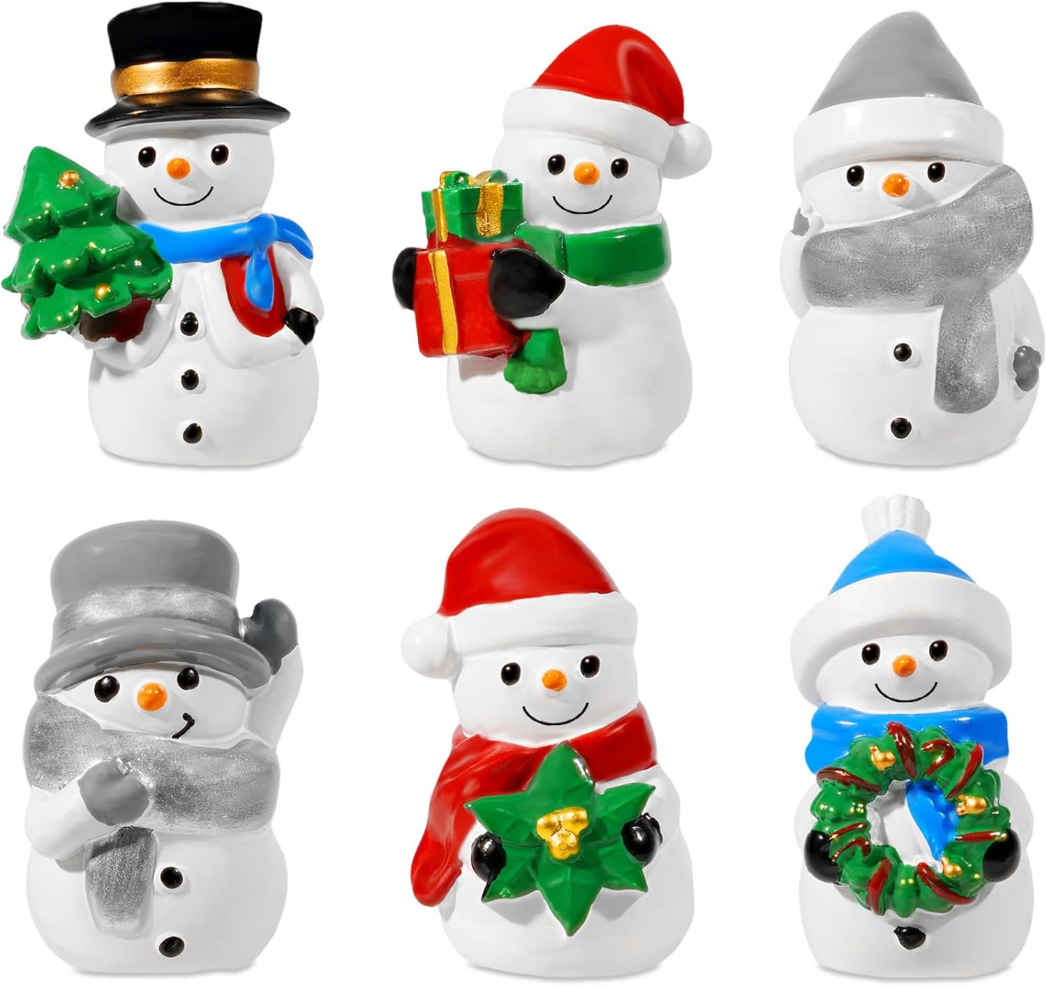 Bbiamsleep 2 Inch Christmas Snowman Figurines, Set of 6 Mini Resin Snowman Figurine Assorted Styles Christmas Miniature Ornaments for Fairy Garden Xmas Snow Globes Home Winter Village Decor