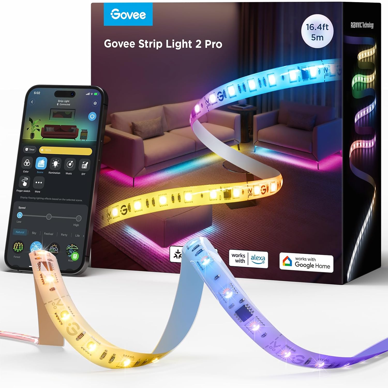 Govee RGBIC LED Strip Light 2 Pro with Matter, 5m WiFi LED Strip Lights for Bedroom, Party, TV and Gaming, Compatible with Alexa and Google Assistant