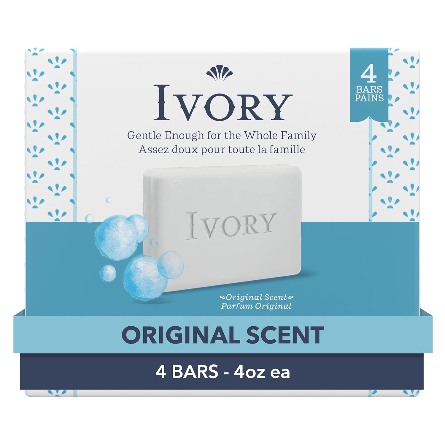 Ivory Gentle Bath Bar Soap, Designed for Whole Family, 99.44% Pure Formula with Plant-Based Cleansers, Made Without Heavy Perfumes, Parabens or Phthalates, Original Scent, 4 oz (4 Count)