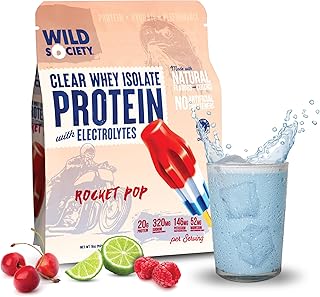 WILD SOCIETY - Premium Clear Whey Protein + Electrolytes - Refreshing Whey Protein Isolate Powder - 20g Protein, 0 Added Sugar, GMO-Free, Natural Flavors & Colors - Rocket Pop, 16 oz