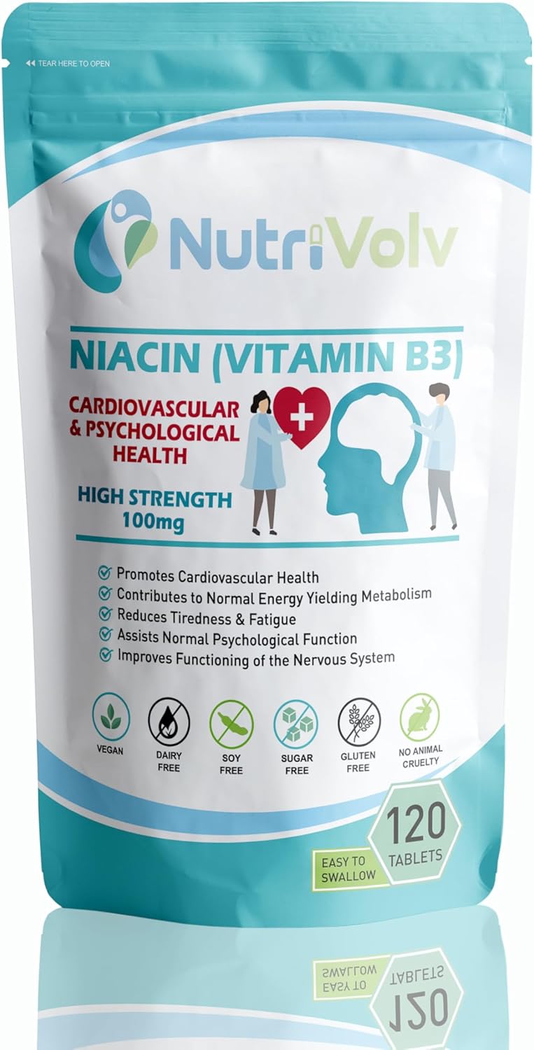 Nutrivolv Niacin Supplement Tablets | 100mg | Flush Formula | Pure Nicotinic Acid | Reduces Fatigue | Supports Healthy Cholesterol | Vitamin B3 for Men & Women | Vegan | Halal | Kosher | 120 Tablets