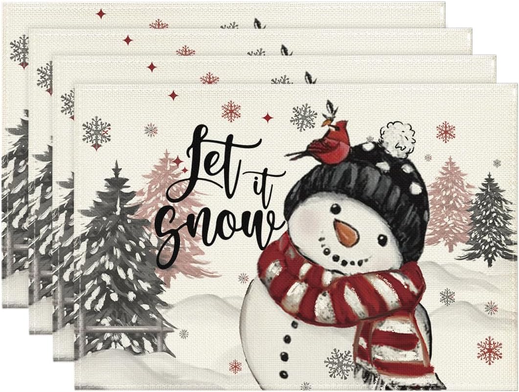 Artoid Mode Let It Snow Snowman Christmas Placemats Set of 4, 12x18 Inch Winter Table Mats for Party Kitchen Dining Decoration