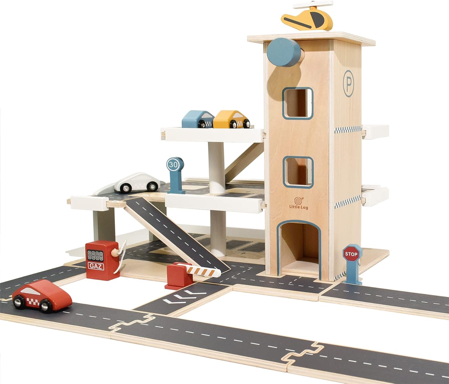 Little Log Wooden Parking Garage with Accessories, Play Garage with Lift, Helicopter, Wooden Garage Toy for Boys and Girls(70 x 50 x 36.5 cm)