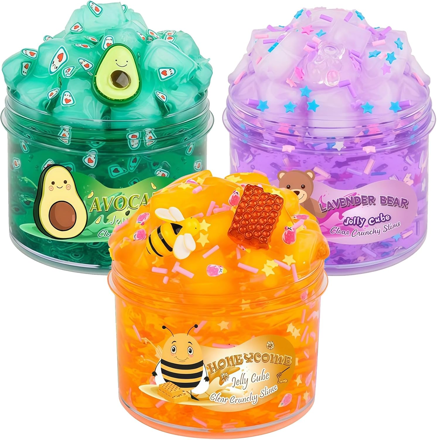 Keemanman Slime Kit - 3 Pack Jelly Cube Clear Crunchy Slime with Avocado, Honeycomb and Lavender Bear Charms, Preppy and Aesthetic Stuff, Cute Stress Toys and Cool Birthday Gifts for Girls and Boys