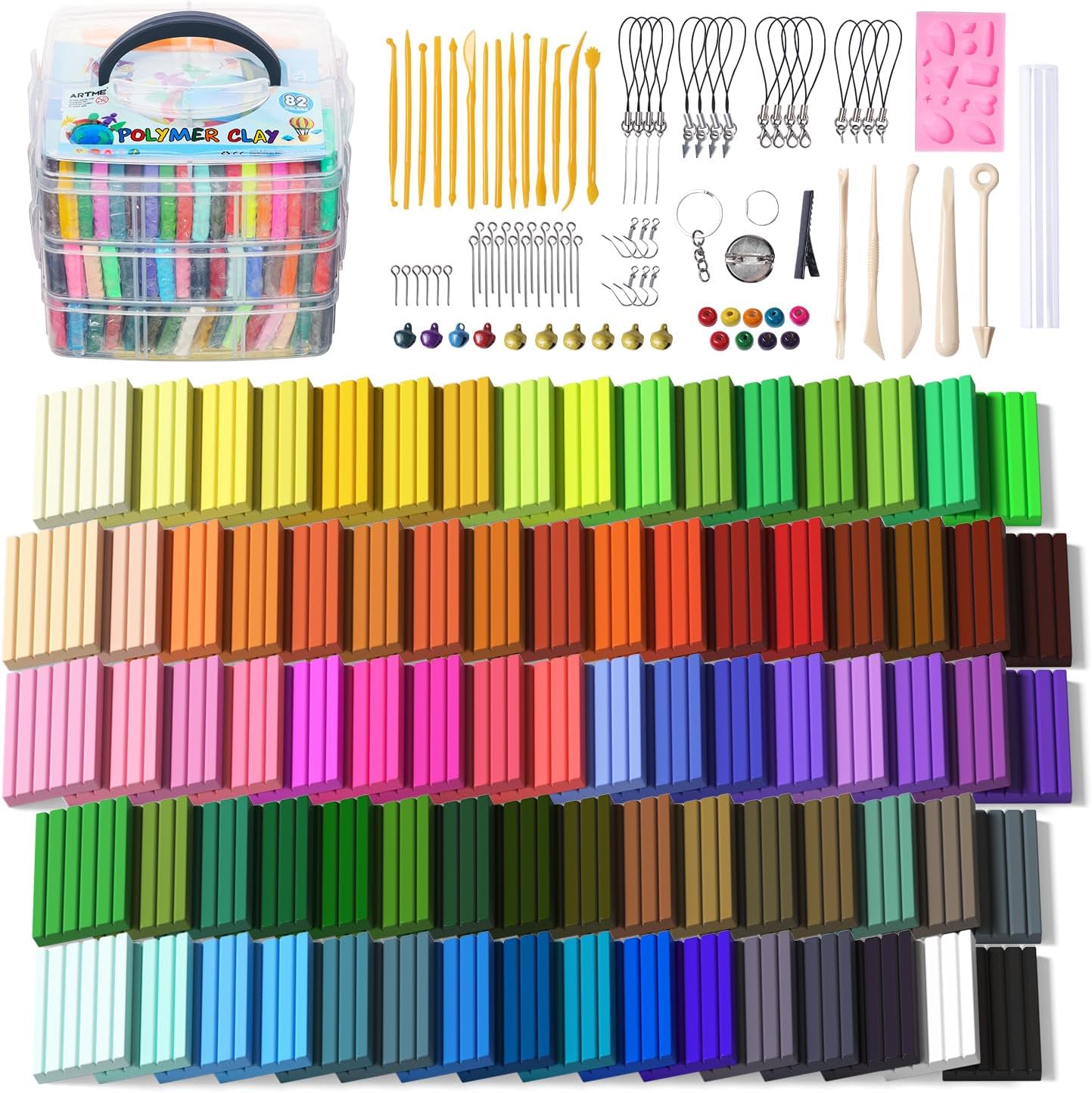 Polymer Clay, ARTME 82 Colors Clay Kit, Oven Bake Modeling Clay, Creative Polymer Clay Kit with Sculpting Tools and Jewelry Accessories, Non-Toxic, Ideal DIY Clay Gifts for Adults and Teens
