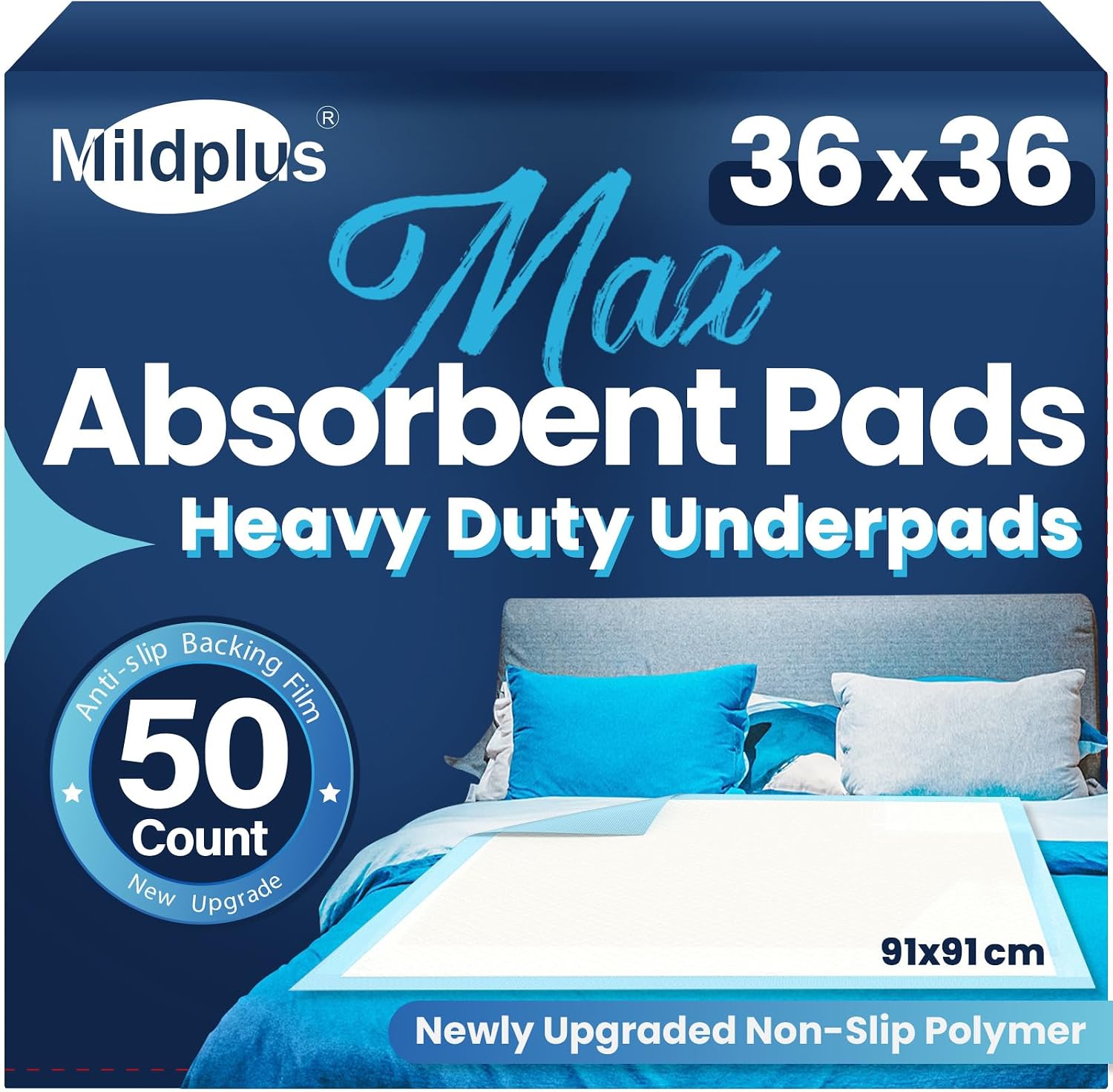 MILDPLUS Heavy Duty Underpad 36''x36'' 50 Count (Blue)