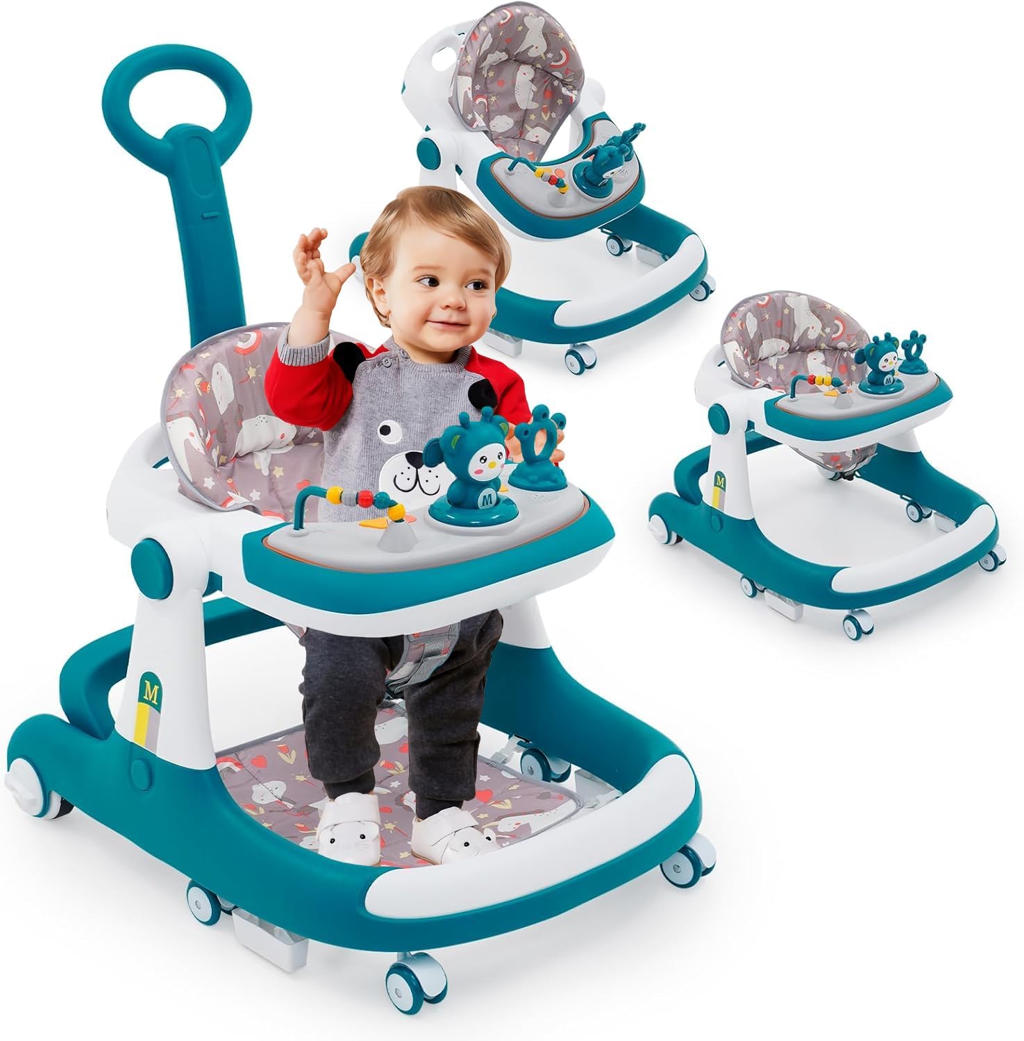 Arkyomi Baby Walker, 3 in 1 Multifunction Anti-Rollover Baby Walker with Push Handle, Push Along Walker, with 360° Quiet Wheels & Brake & Removable Game Tray for Baby Toddlers