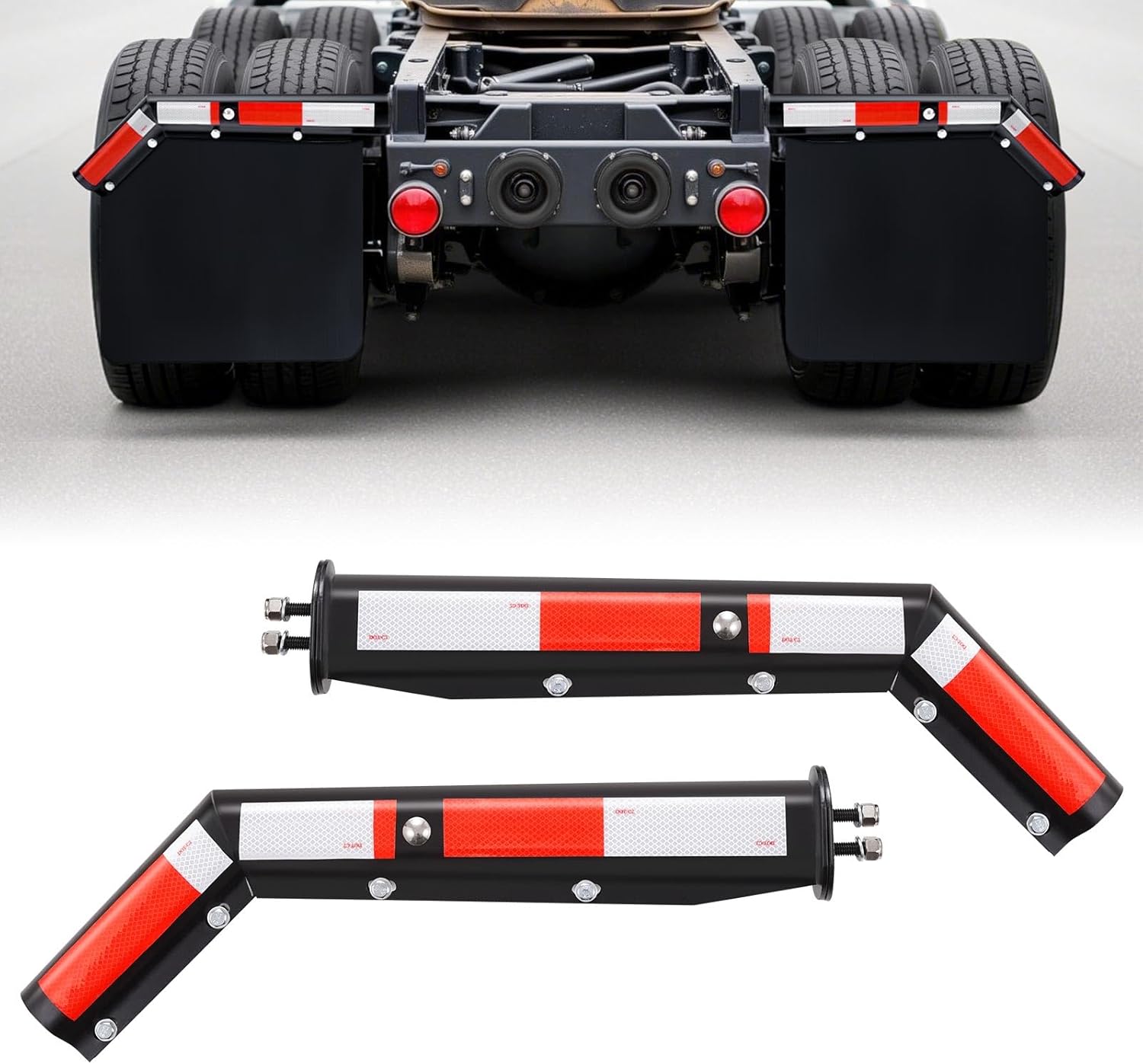 VEVOR Angled Spring Loaded Mud Flap Hangers, 1-1/8" Bolt Spacing Mudflap Hangers for Semi Trucks, 1 Pair Heavy Duty Semi Truck Mud Flap Hanger Set with Reflective Strips, Black