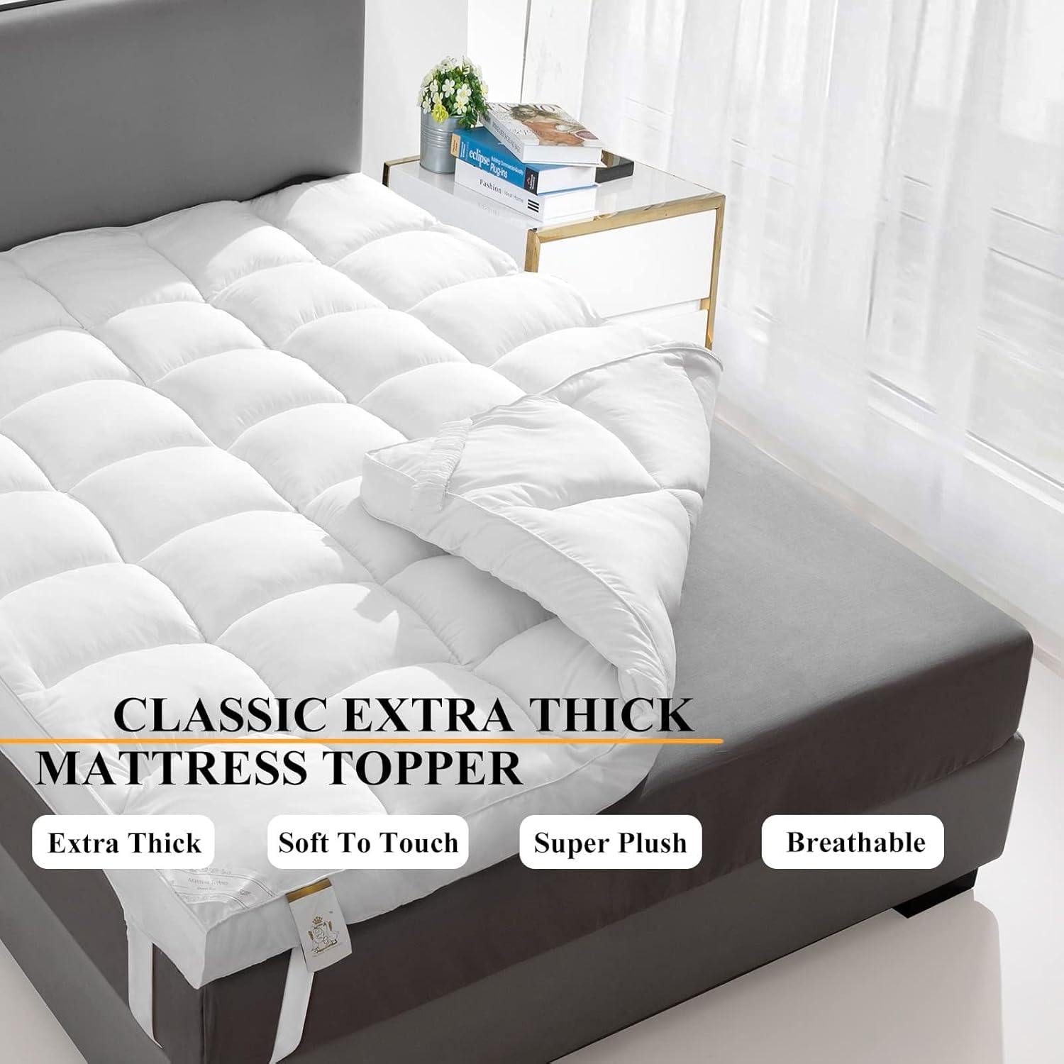 Plush Extra Thick Mattress Topper Queen for Softening Firm Mattress, Breathable Cooling Mattress Pillow Top Bed Topper for Back Pain & Sleep Comfort, Overfilled Mattress Pad, Fit to 6”-22” Mattress