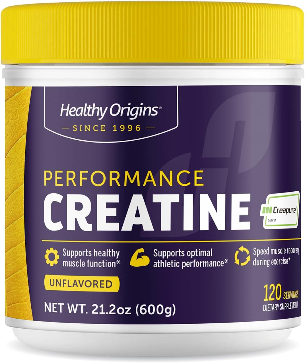 Healthy Origins® Performance Creatine with Creapure®, Unflavored Micronized Powder, Supports Muscle Function, Energy & Recovery, 21.2oz (600g), 120 Servings
