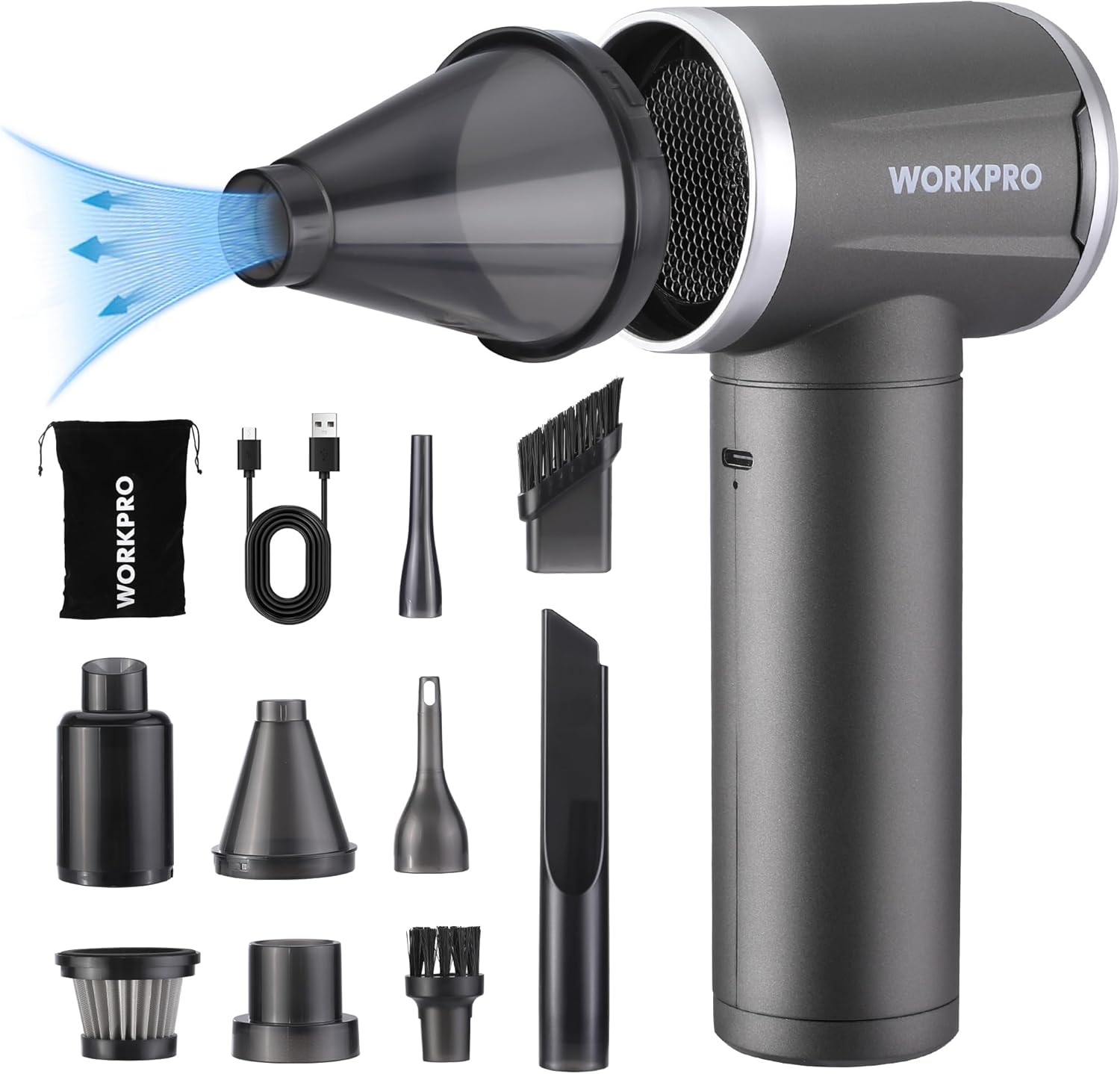 WORKPRO 2 in 1 Compressed Air Duster and Handheld Vacuum Cleaner, Cordless 4 Gear 120000 RPM Air Blower, 6500 PA Rechargeable Mini Hoover, for PC, Laptop, Keyboard, Electronics, Home Cleaning, Car