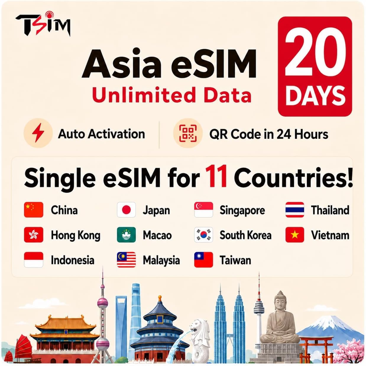 Asia eSIM 11 Countries | 20 Days Unlimited Data in China, HK, Indonesia, Japan, Macao, Malaysia, Singapore, South Korea, Taiwan, Thailand, Vietnam | Get QR code in 24 hours | Auto Activation
