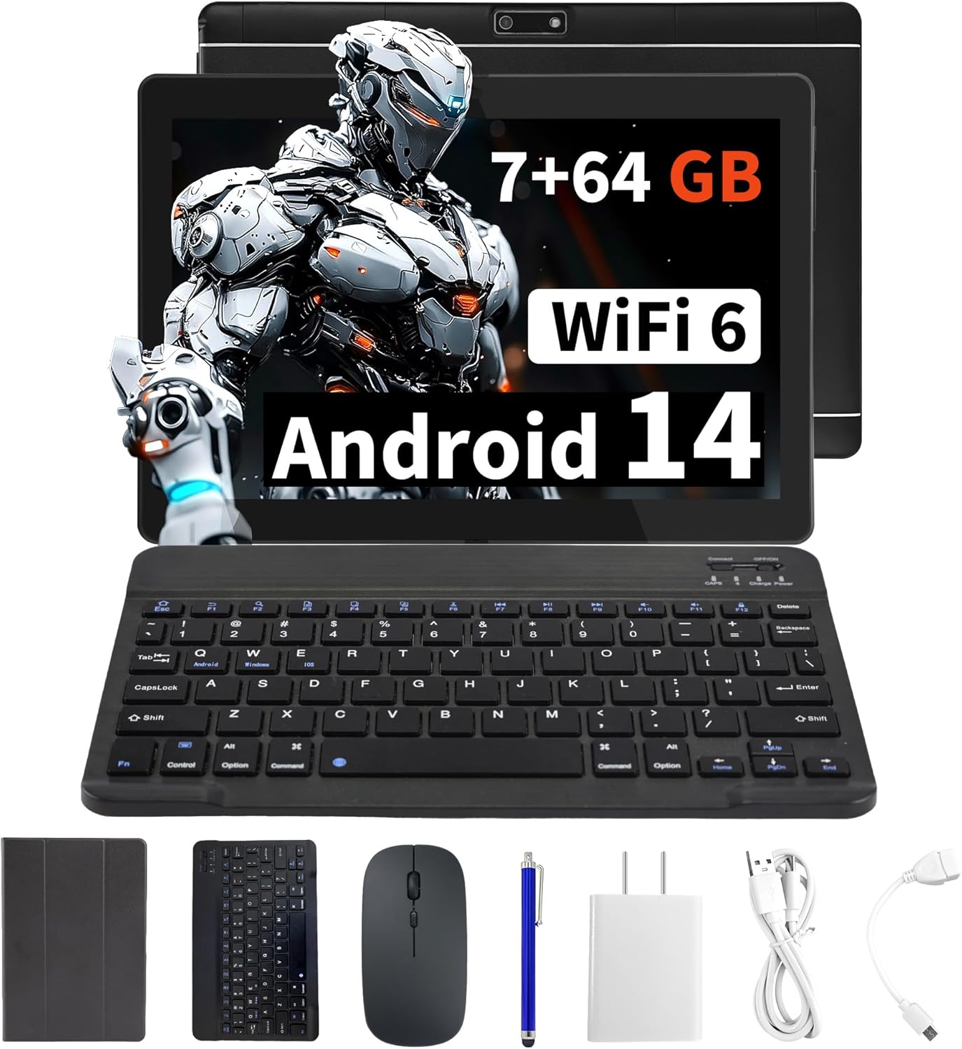Veidoo 2 in 1 Portable Android Tablet with Keyboard, Mouse & Stylus, Tablet 10.1 inch IPS HD Screen with 7GB RAM (3GB+4GB) 64GB ROM Expandable to 512GB, Octa-Core Processor, WiFi 6