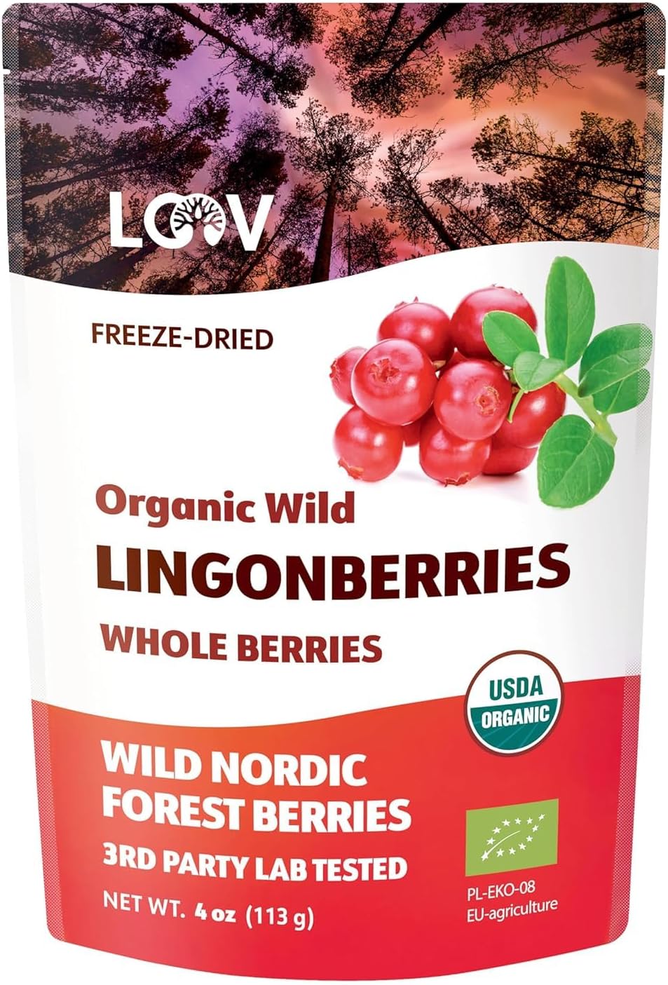 LOOV Freeze Dried Organic Wild Lingonberries, No Sugar Added, 100% Dried Whole Fruit Lingonberries, Wild-Crafted from Northern European Forests, 113 g, 23-Day Supply, Non-GMO