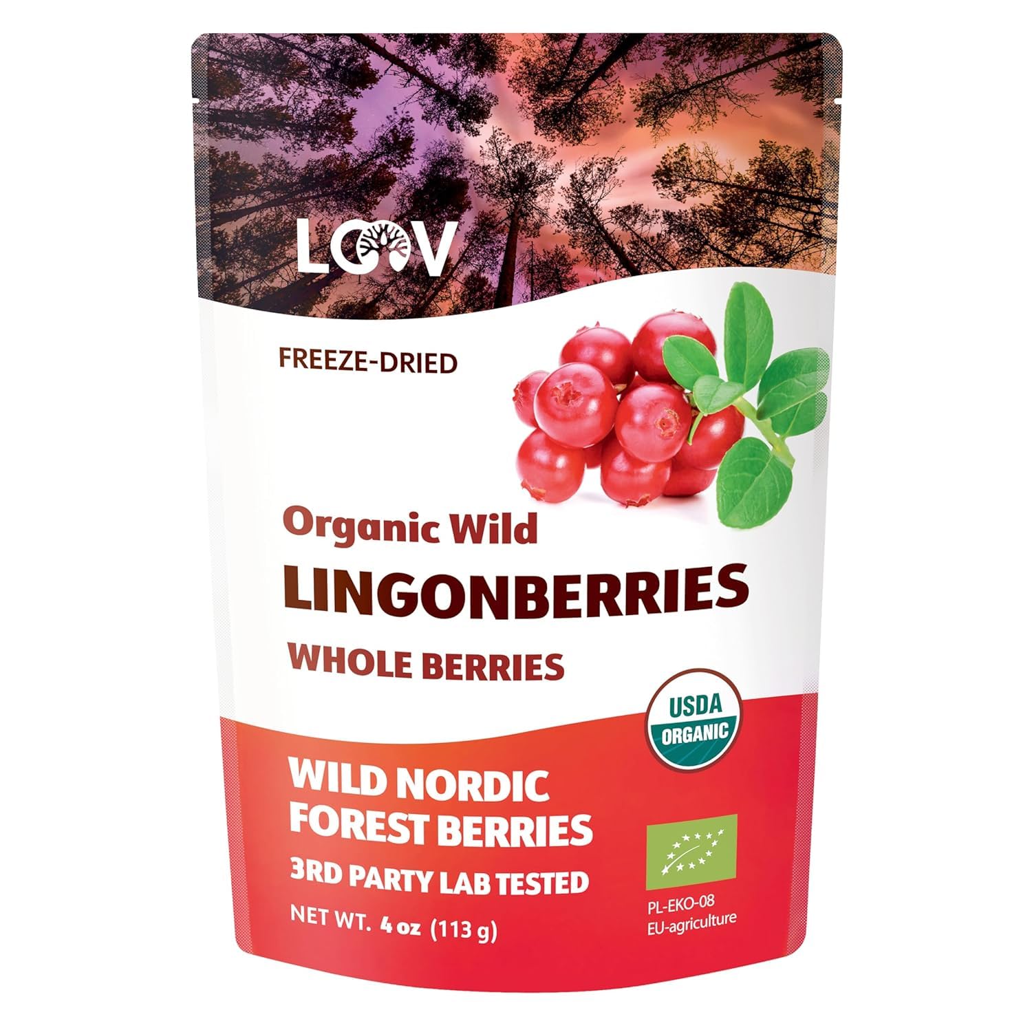 Organic Whole Lingonberries – Freeze-Dried Wild Nordic Superberry, Traditional Scandinavian–Swedish Food – Pure, 100% Natural, Non-GMO & No Added Sugar – 4oz (34 Servings)