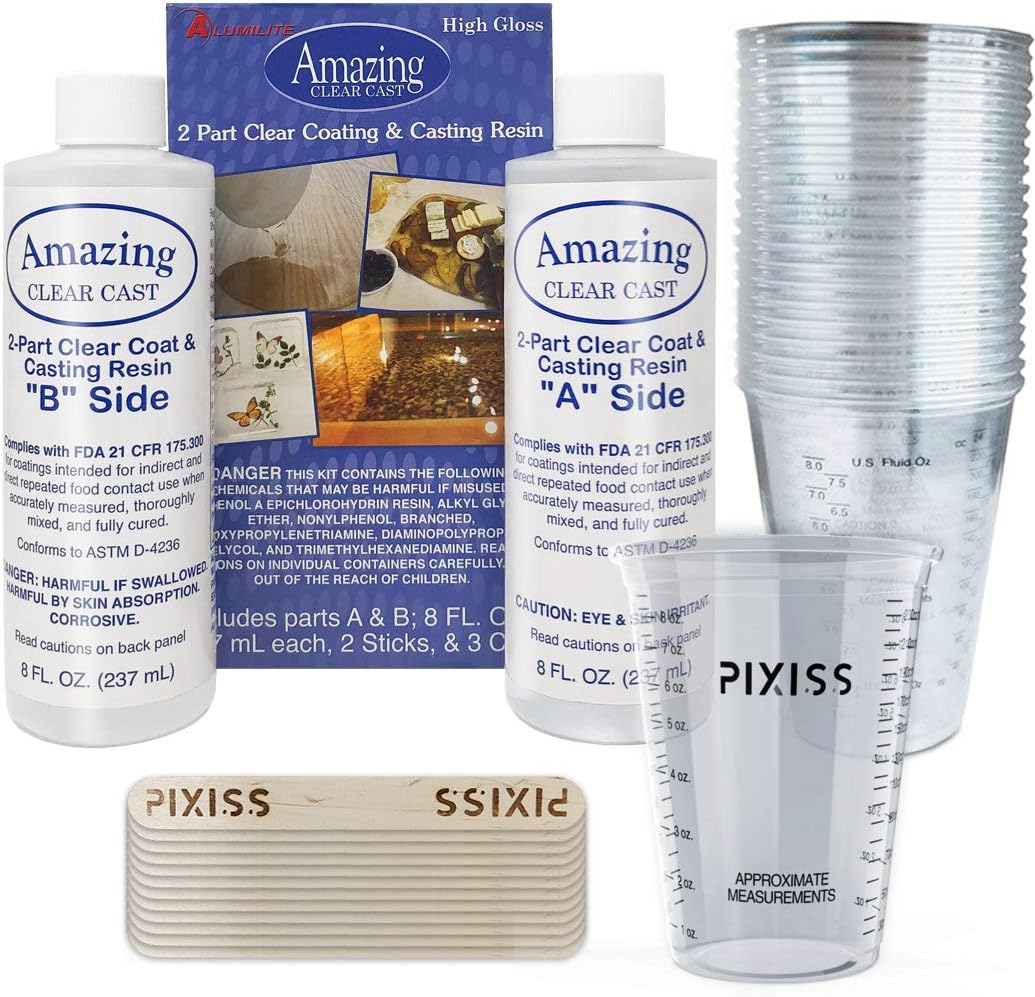 Amazing Clear Cast Epoxy Resin Kit by Alumilite - Deep Pour With 20x Disposable Plastic Mixing Cups and Pixiss Mixing Sticks Bundle