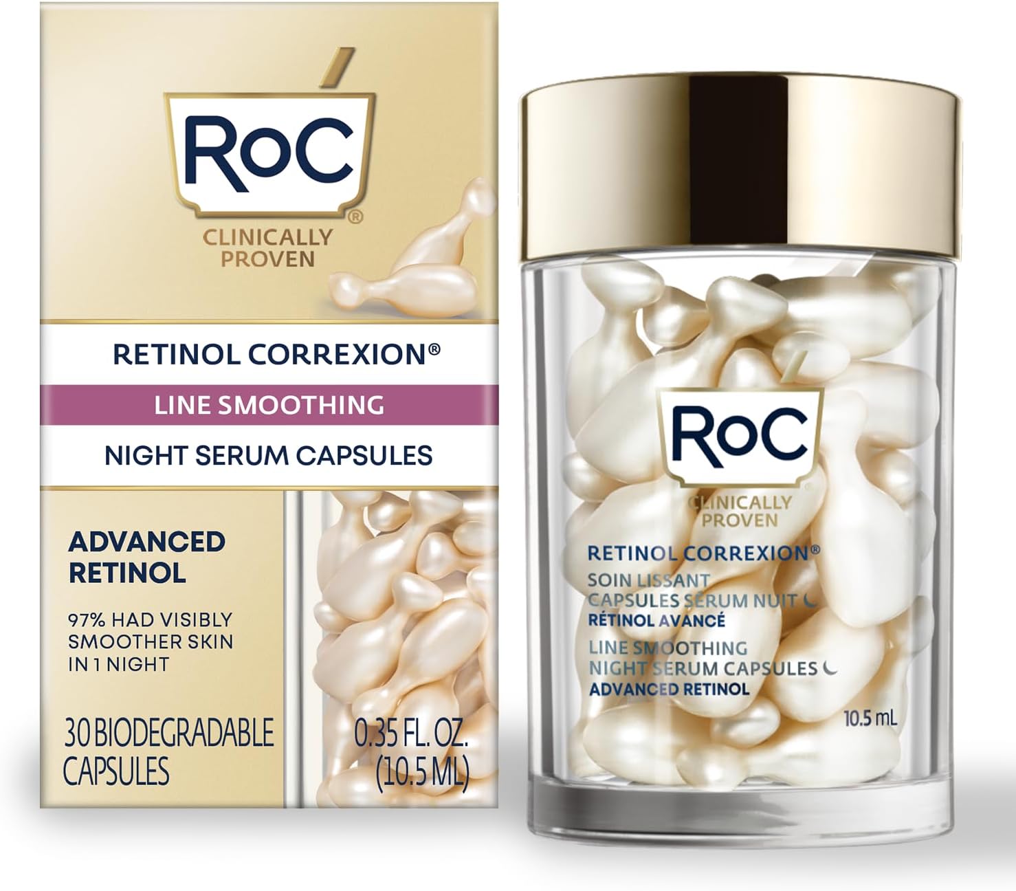 RoC - Retinol Correxion Line Smoothing Night Serum Capsules - Daily Anti-Wrinkle & Anti-Aging Treatment - Visibly Reduces Fine Lines & Wrinkles - Overnight Skincare - 30 Capsules