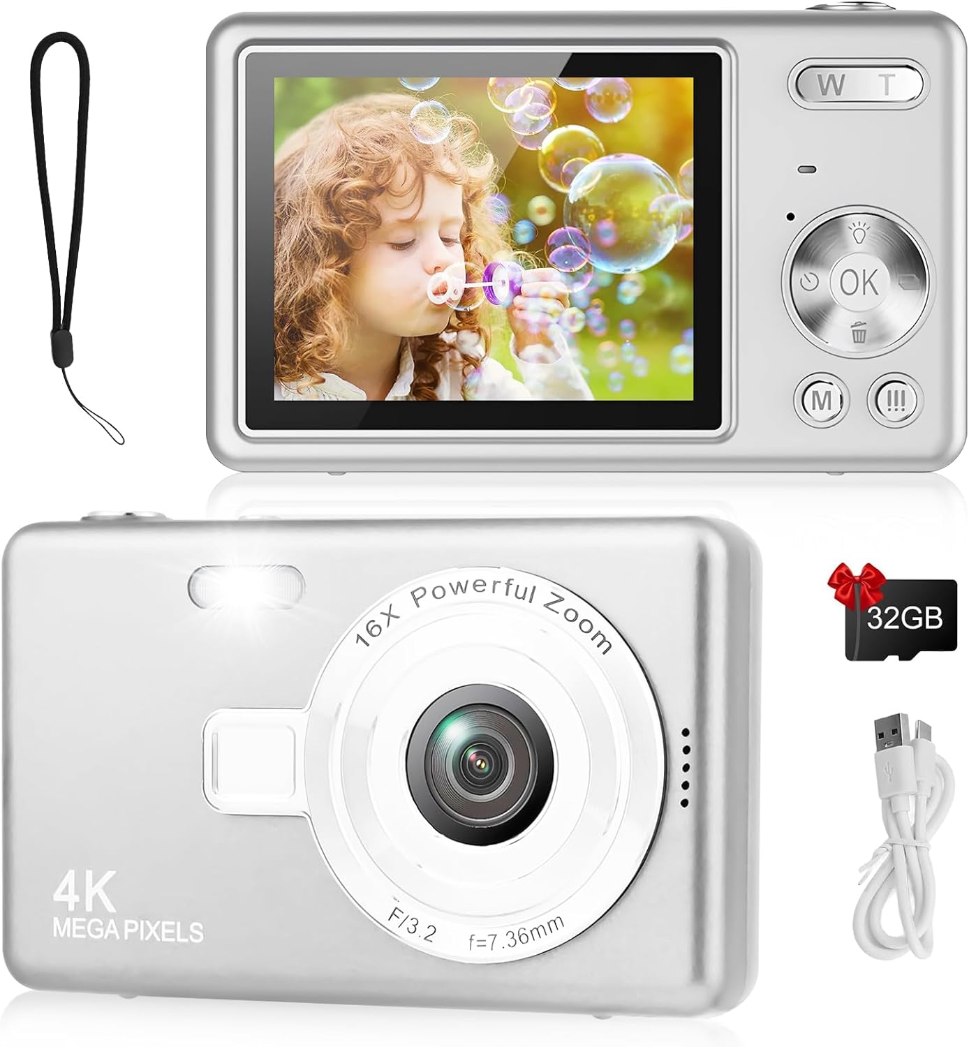 Digital Camera - 1080P FHD 44MP with 2.4" LCD Screen Compact Portable Vlogging Photo Camera with 32gb SD Card 16X Digital Zoom for Kids Teen Students Beginner (Upgrade Silver)