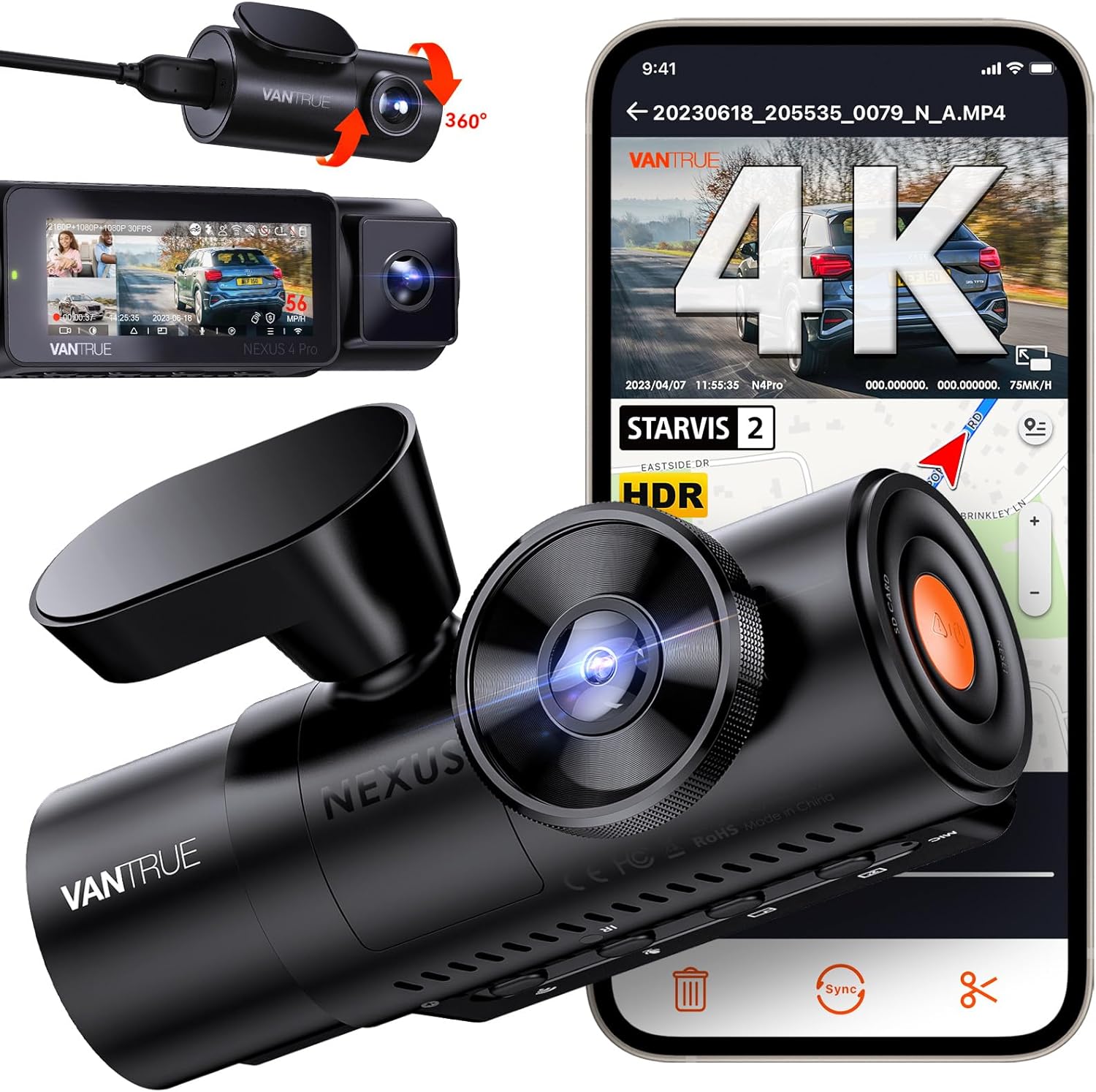 Vantrue N4 Pro 4K 3 Channel Dash Cam, STARVIS 2 IMX678 x PlatePix™ x HDR Night Vision, 4K+1080P+1080P Front Inside and Rear Dash Camera, Voice Control, WiFi, GPS, 24H Parking Mode, Support 512GB Max