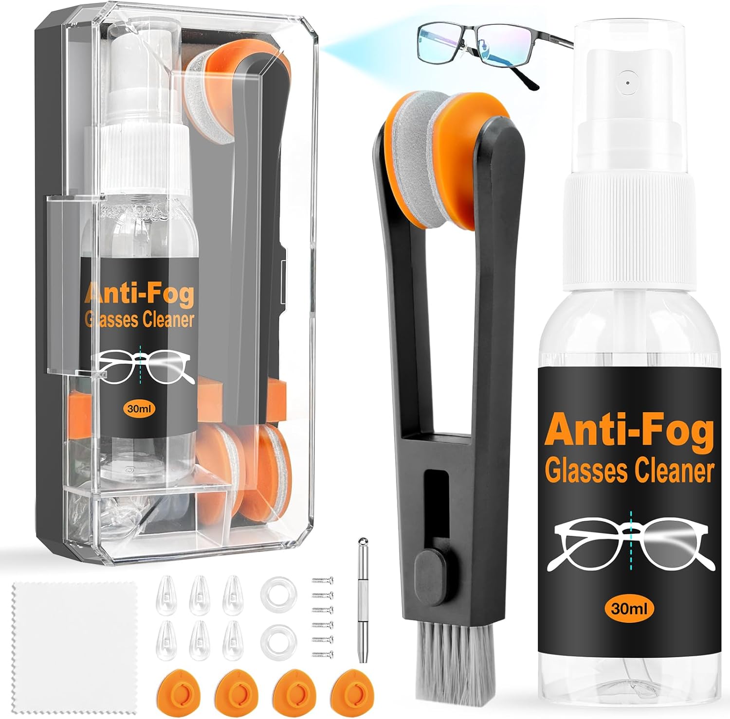 Glasses Cleaner,Spectacle Cleaner with Eye Glasses Cleaner Spray, Lens Cleaner for Glasses, Microfiber Cleaning Cloth,Portable Eyeglass Repair Kit with Screws, Safe for All Lens(Black)