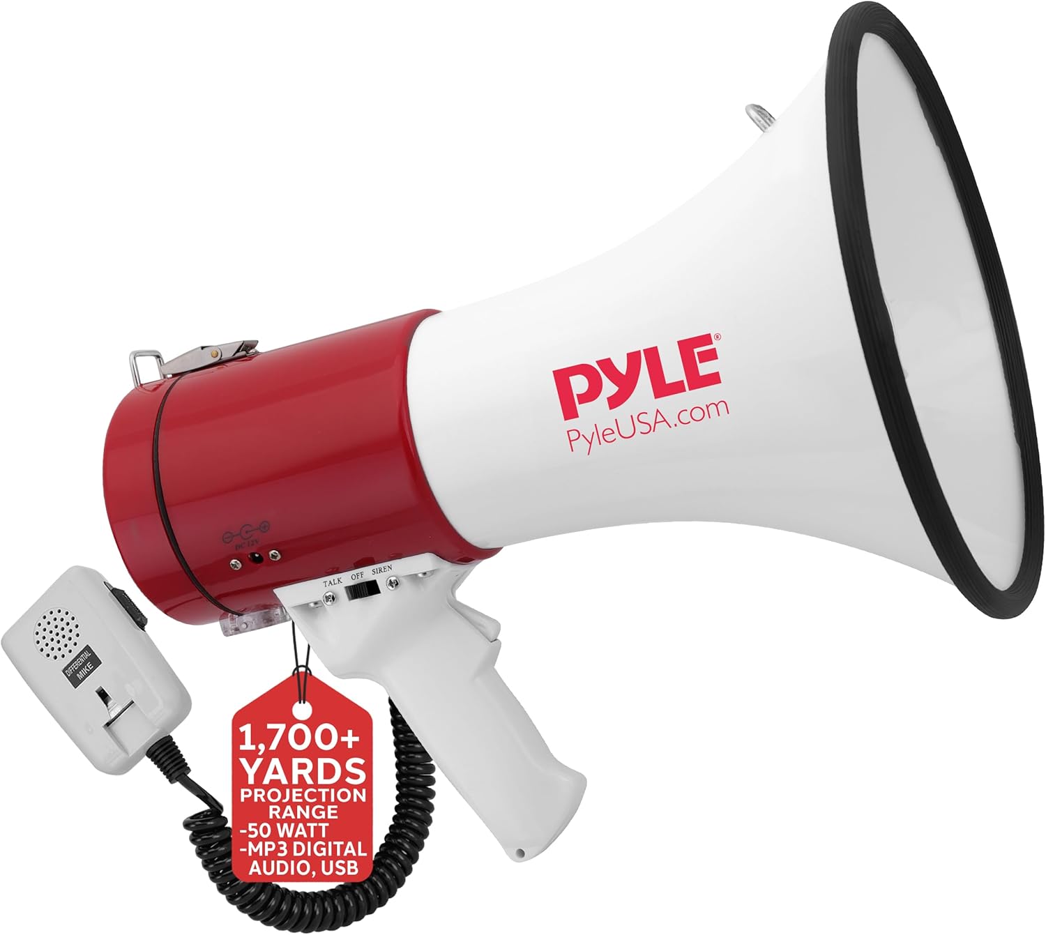 Pyle Megaphone Speaker PA Bullhorn - with Built-in Siren 50 Watts Adjustable Volume Control & Record Function - Ideal for Football, Baseball, Cheerleading Fans, Coaches or for Safety Drills PMP58U